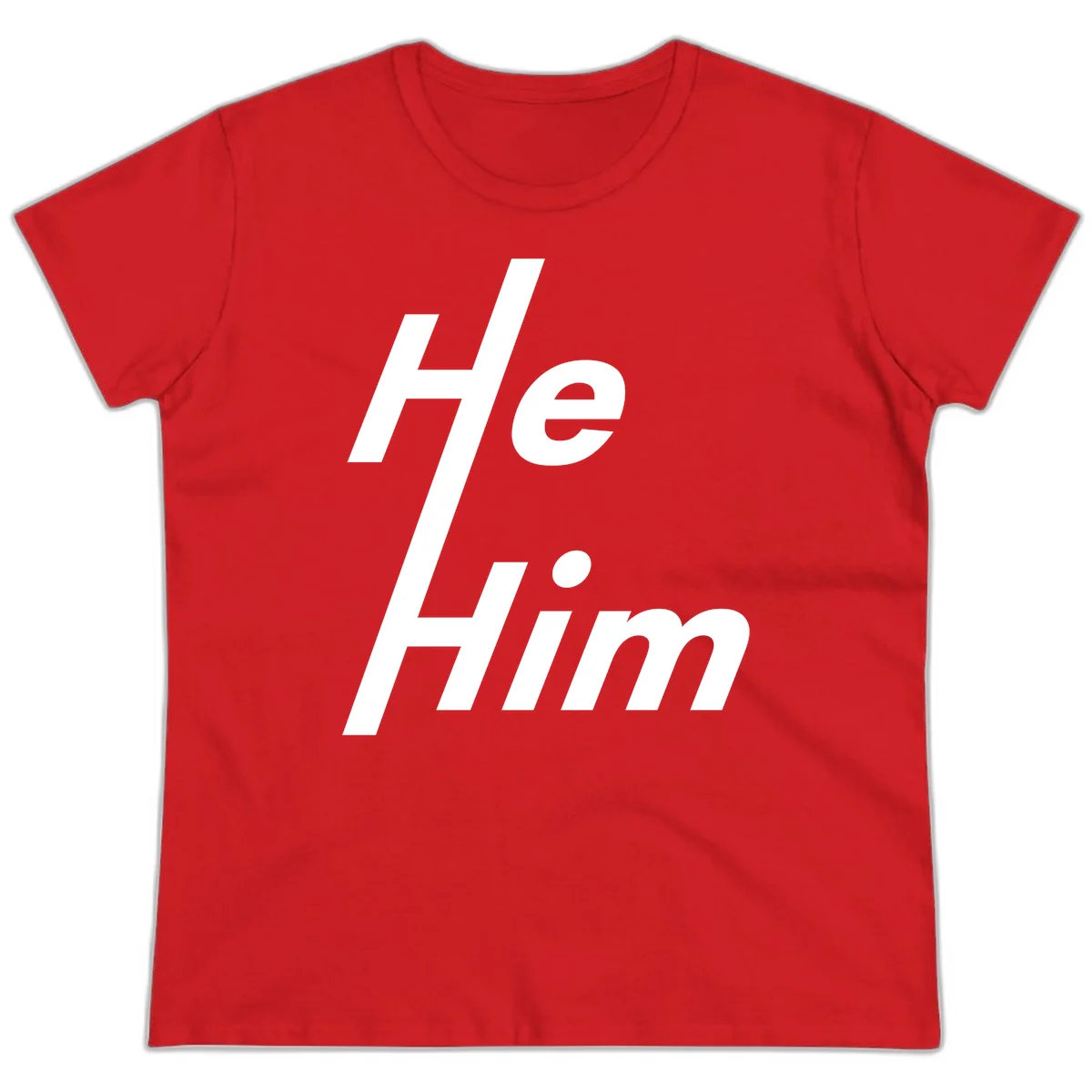 Minimalist design with hashtag symbol and 'e.Him' text in white on gray background, promoting he/him pronoun visibility and pride in Red