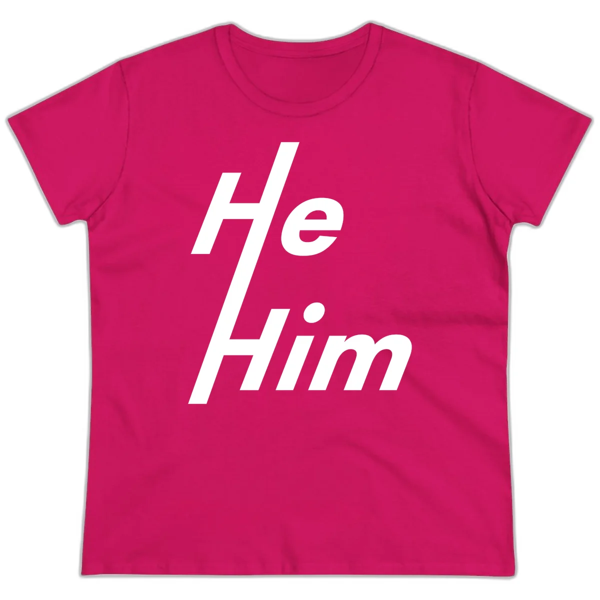 Minimalist design with hashtag symbol and 'e.Him' text in white on gray background, promoting he/him pronoun visibility and pride in Heliconia