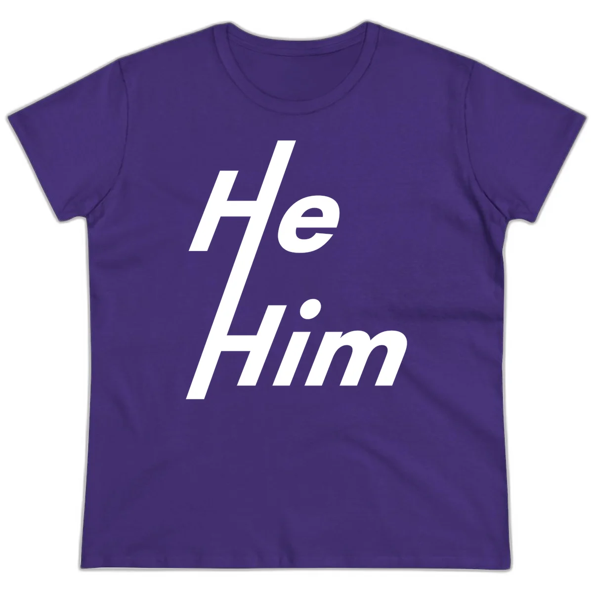 Minimalist design with hashtag symbol and 'e.Him' text in white on gray background, promoting he/him pronoun visibility and pride in Purple