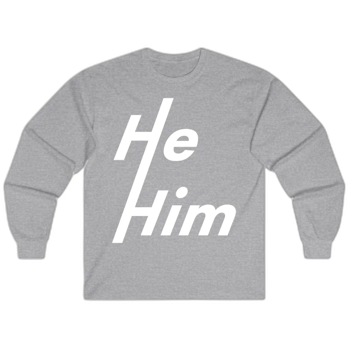 Minimalist design with hashtag symbol and 'e.Him' text in white on gray background, promoting he/him pronoun visibility and pride in Sport Grey