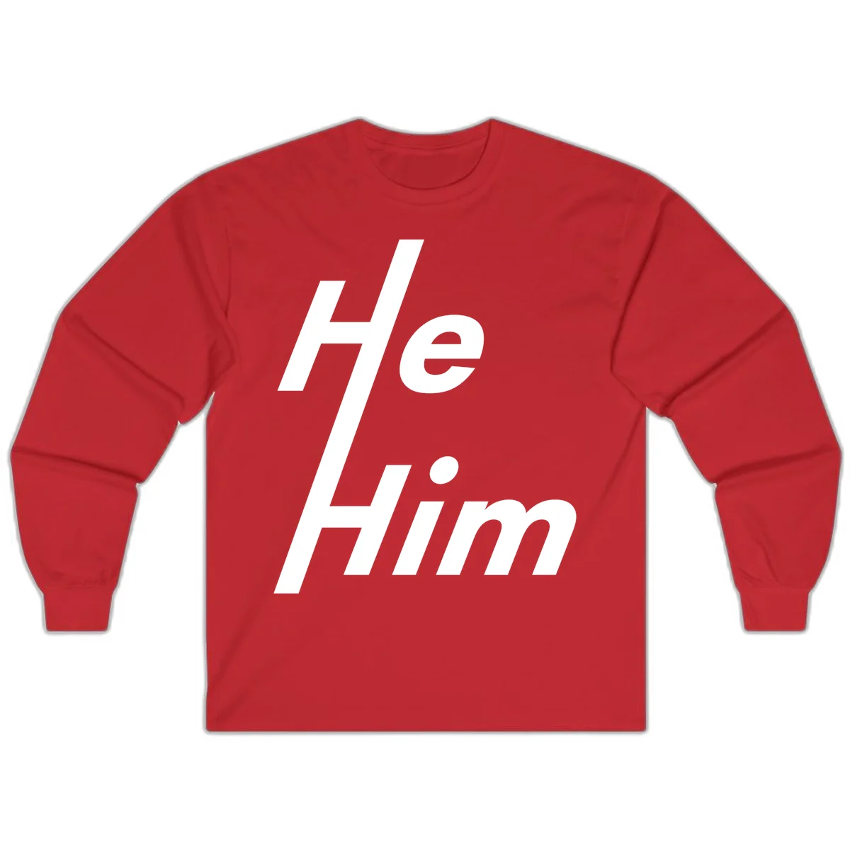 Minimalist design with hashtag symbol and 'e.Him' text in white on gray background, promoting he/him pronoun visibility and pride in Red