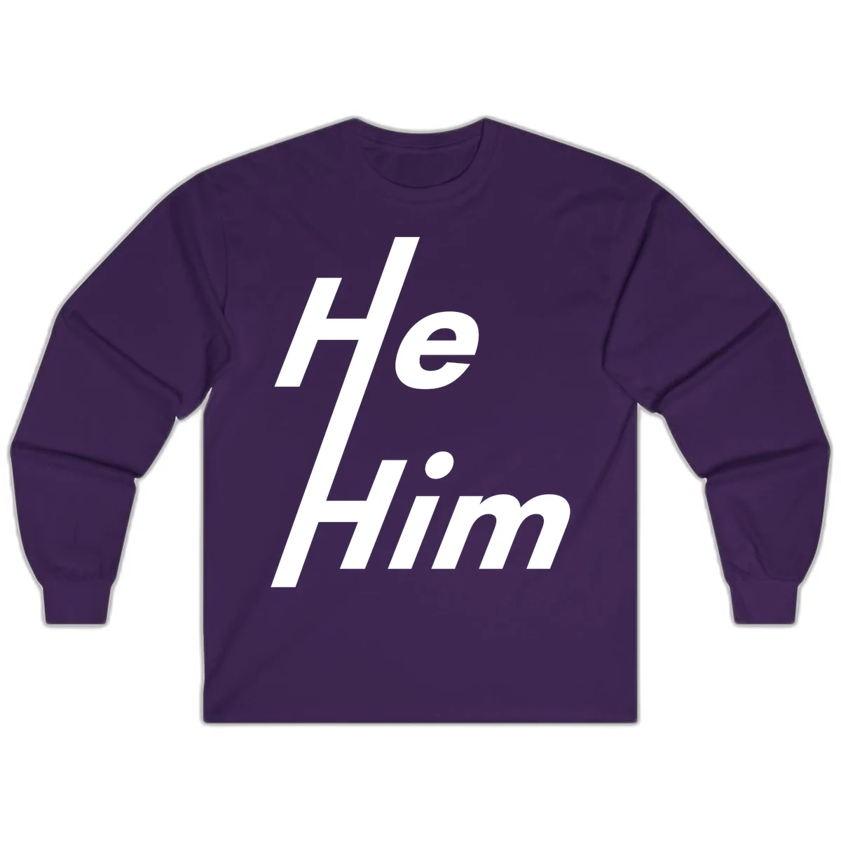 Minimalist design with hashtag symbol and 'e.Him' text in white on gray background, promoting he/him pronoun visibility and pride in Purple