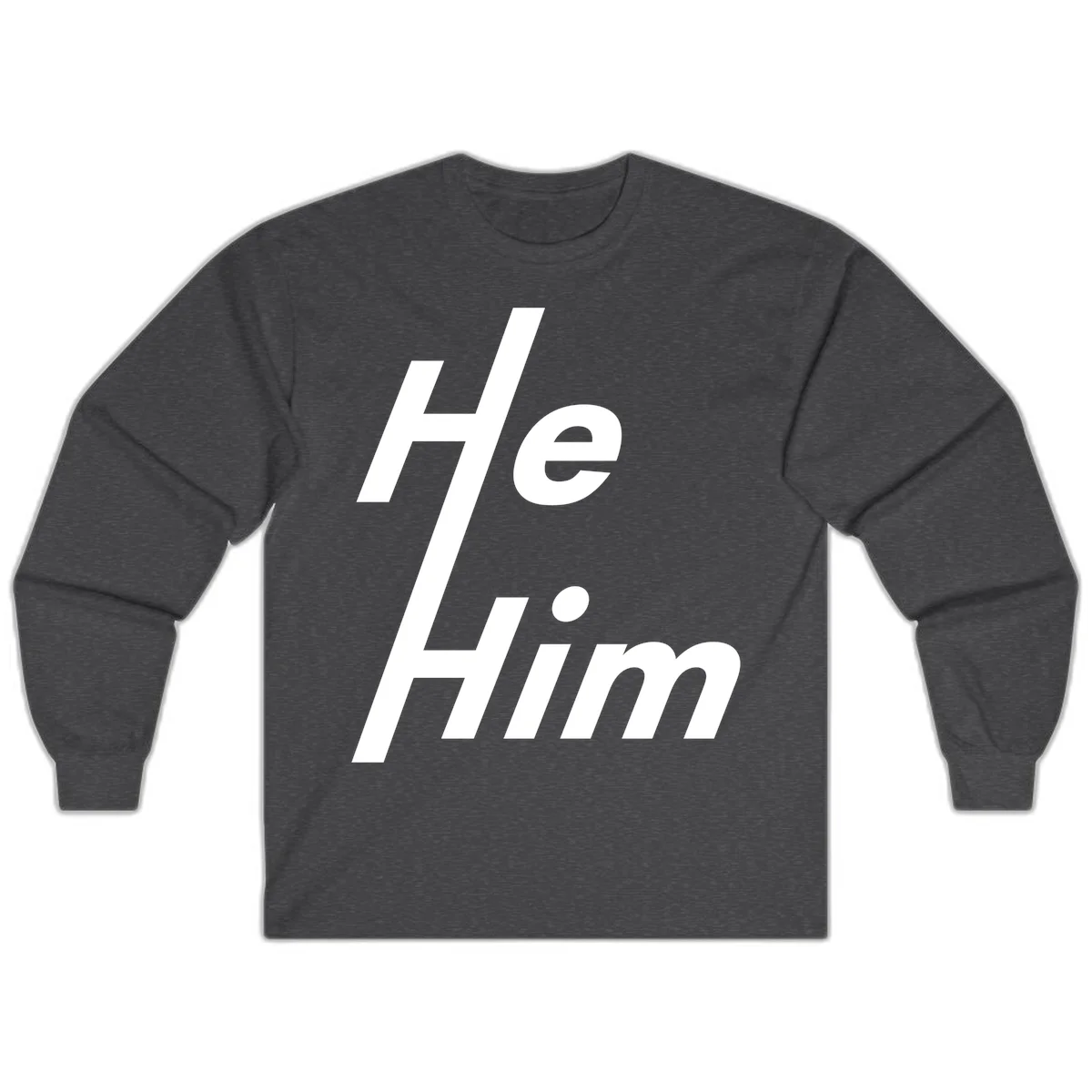 Minimalist design with hashtag symbol and 'e.Him' text in white on gray background, promoting he/him pronoun visibility and pride in Dark Heather