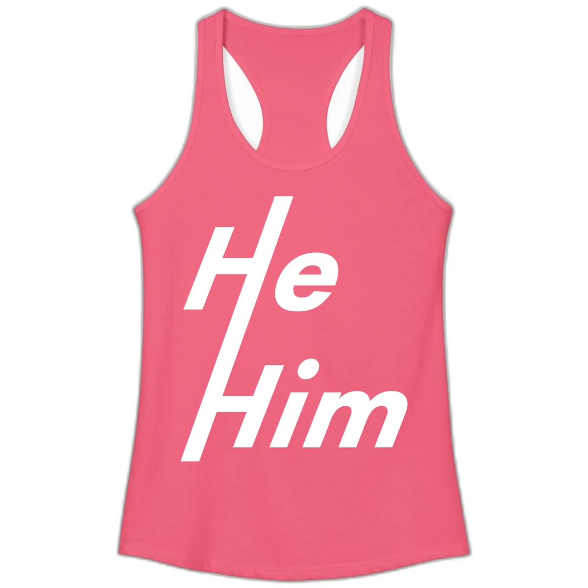 Minimalist design with hashtag symbol and 'e.Him' text in white on gray background, promoting he/him pronoun visibility and pride in Hot Pink