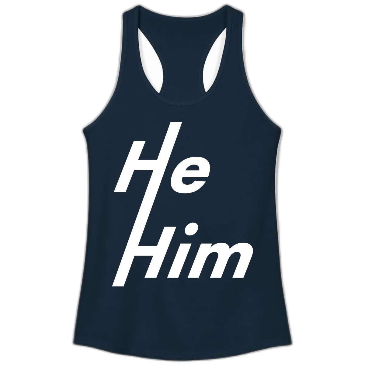 Minimalist design with hashtag symbol and 'e.Him' text in white on gray background, promoting he/him pronoun visibility and pride in Solid Midnight Navy