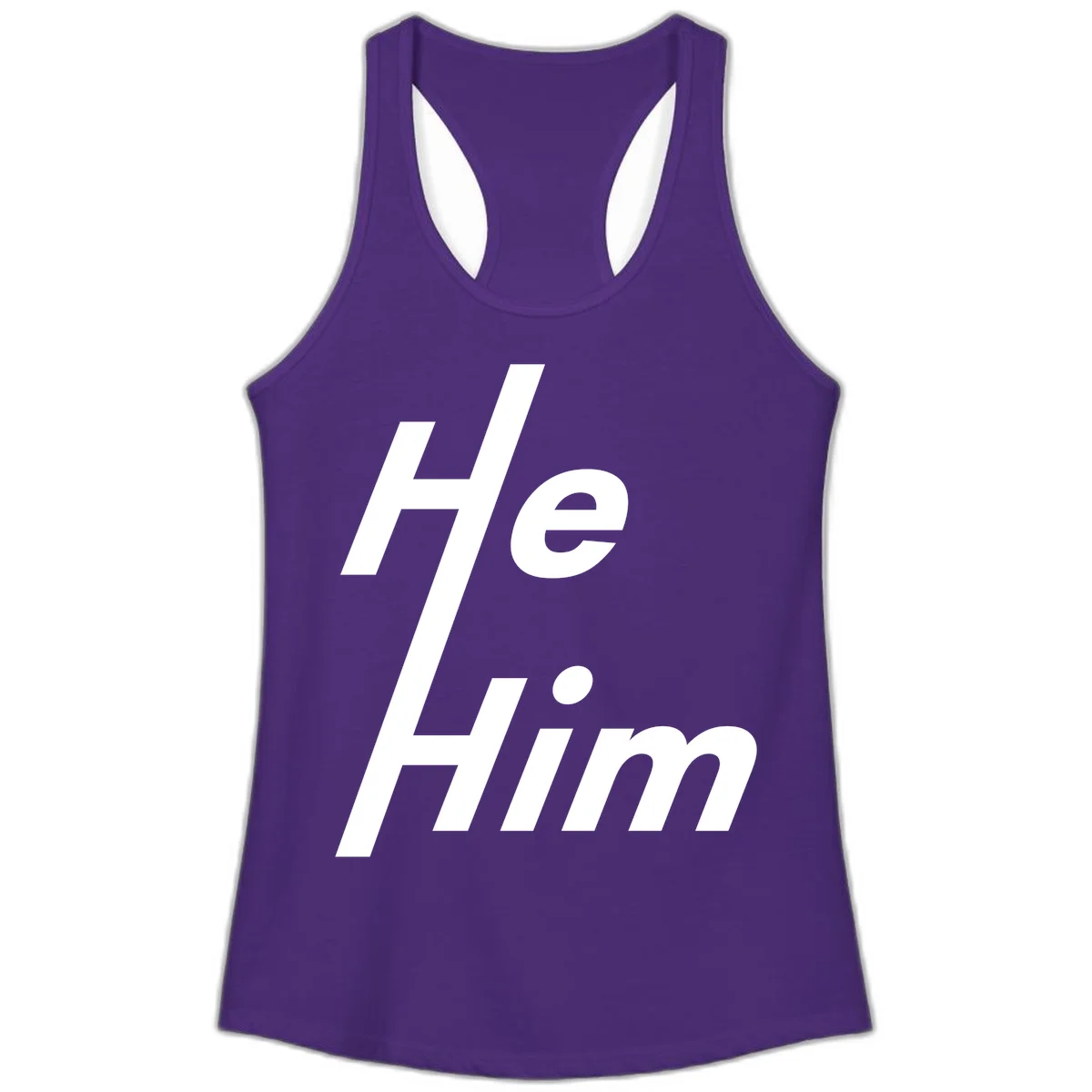 Minimalist design with hashtag symbol and 'e.Him' text in white on gray background, promoting he/him pronoun visibility and pride in Solid Purple Rush