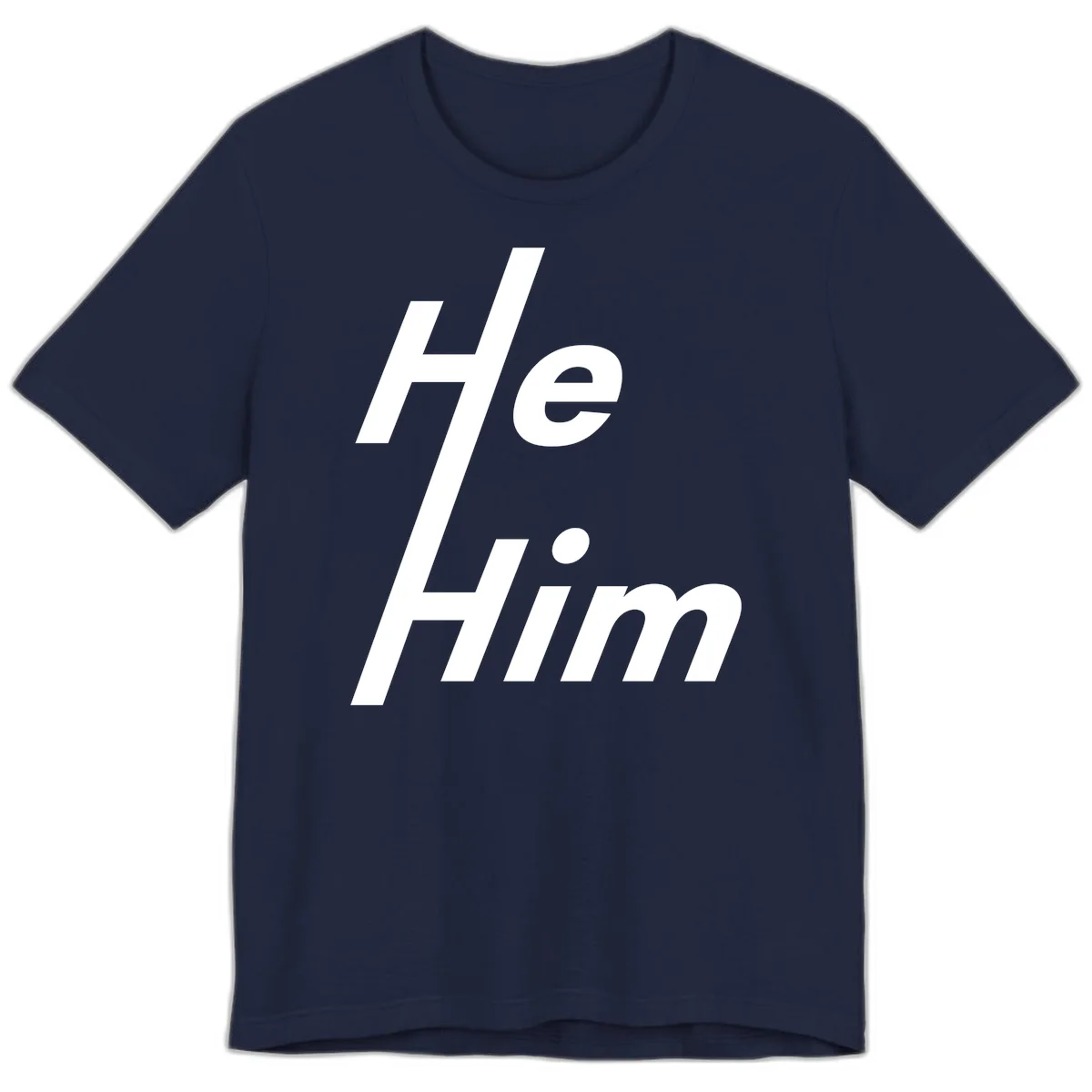Minimalist design with hashtag symbol and 'e.Him' text in white on gray background, promoting he/him pronoun visibility and pride in Navy