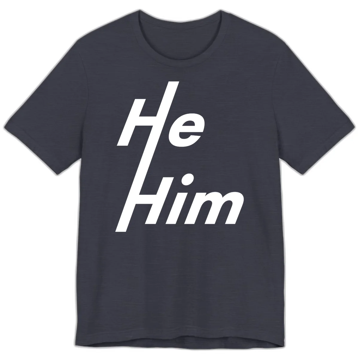 Minimalist design with hashtag symbol and 'e.Him' text in white on gray background, promoting he/him pronoun visibility and pride in Heather Midnight Navy