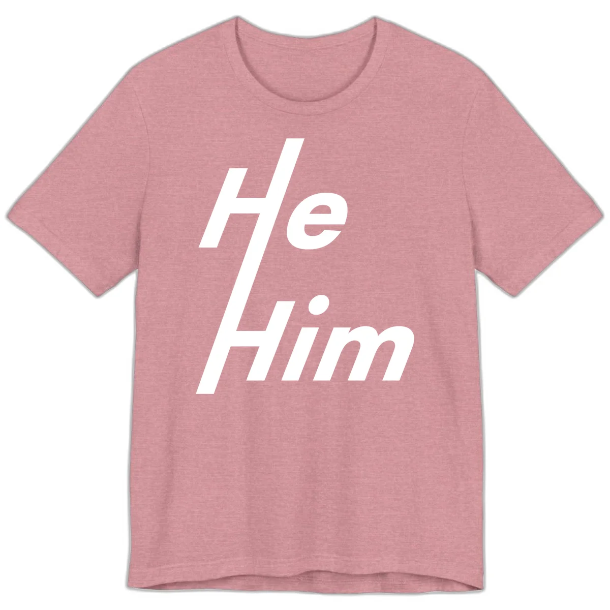 Minimalist design with hashtag symbol and 'e.Him' text in white on gray background, promoting he/him pronoun visibility and pride in Heather Orchid