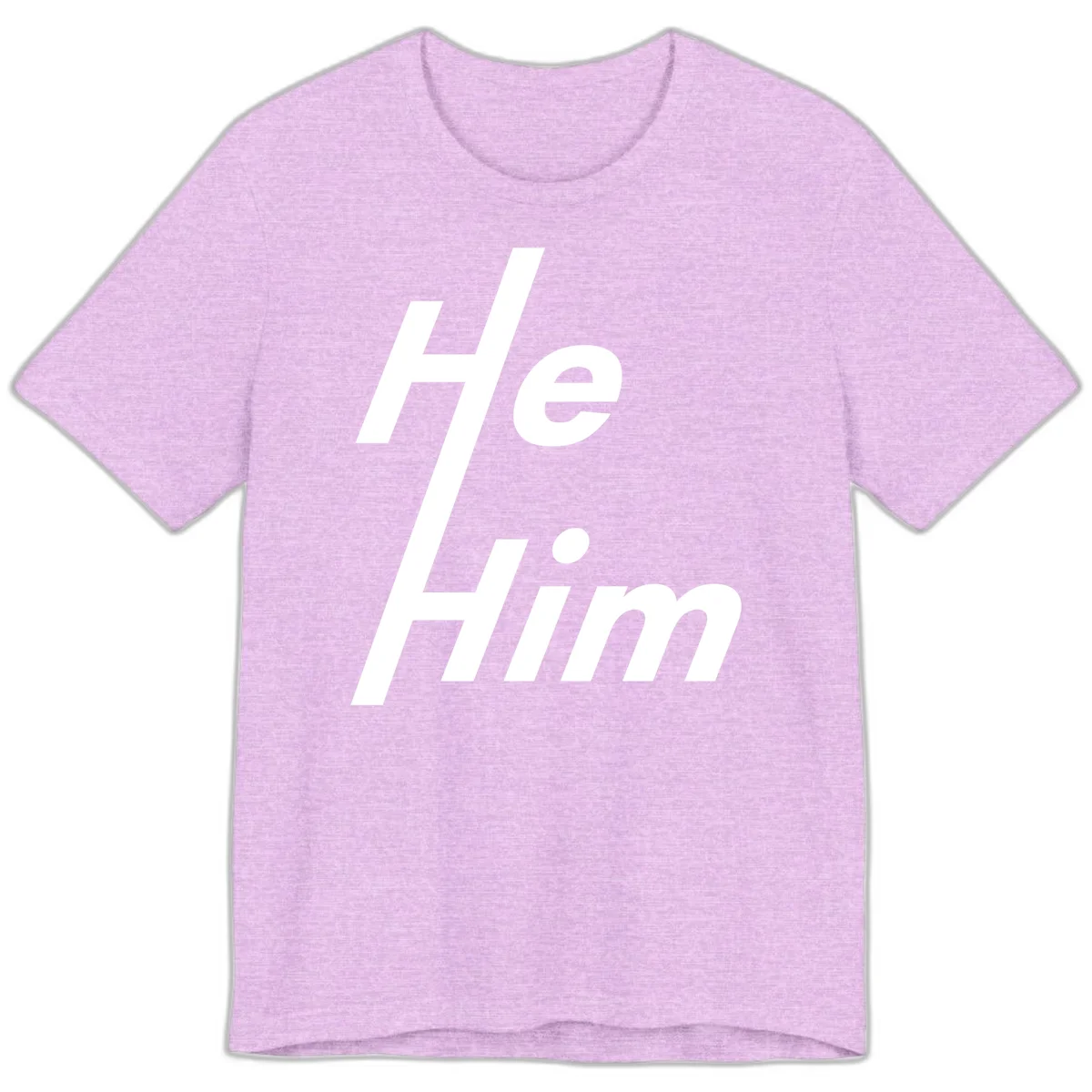 Minimalist design with hashtag symbol and 'e.Him' text in white on gray background, promoting he/him pronoun visibility and pride in Heather Prism Lilac