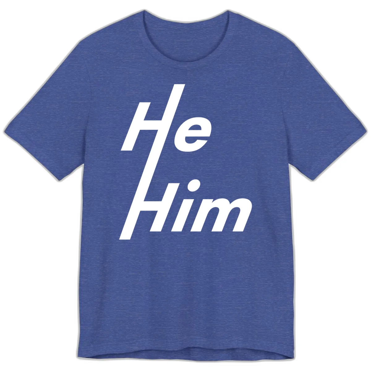 Minimalist design with hashtag symbol and 'e.Him' text in white on gray background, promoting he/him pronoun visibility and pride in Heather True Royal