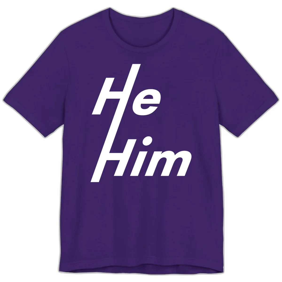Minimalist design with hashtag symbol and 'e.Him' text in white on gray background, promoting he/him pronoun visibility and pride in Team Purple