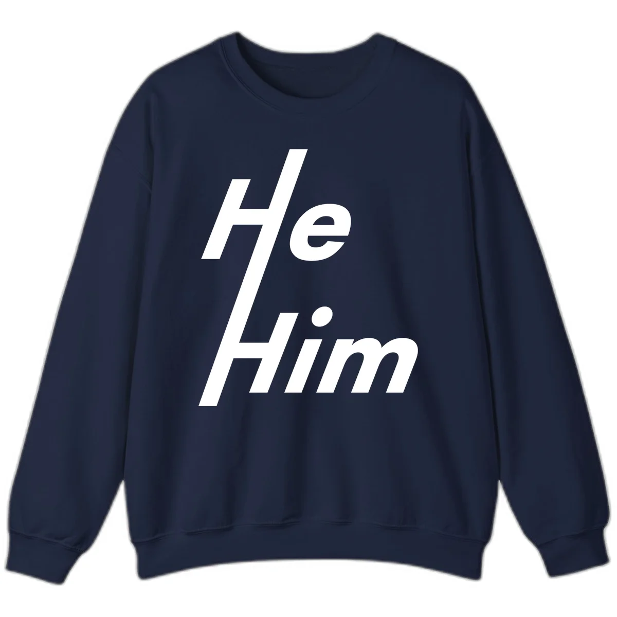 Minimalist design with hashtag symbol and 'e.Him' text in white on gray background, promoting he/him pronoun visibility and pride in Navy