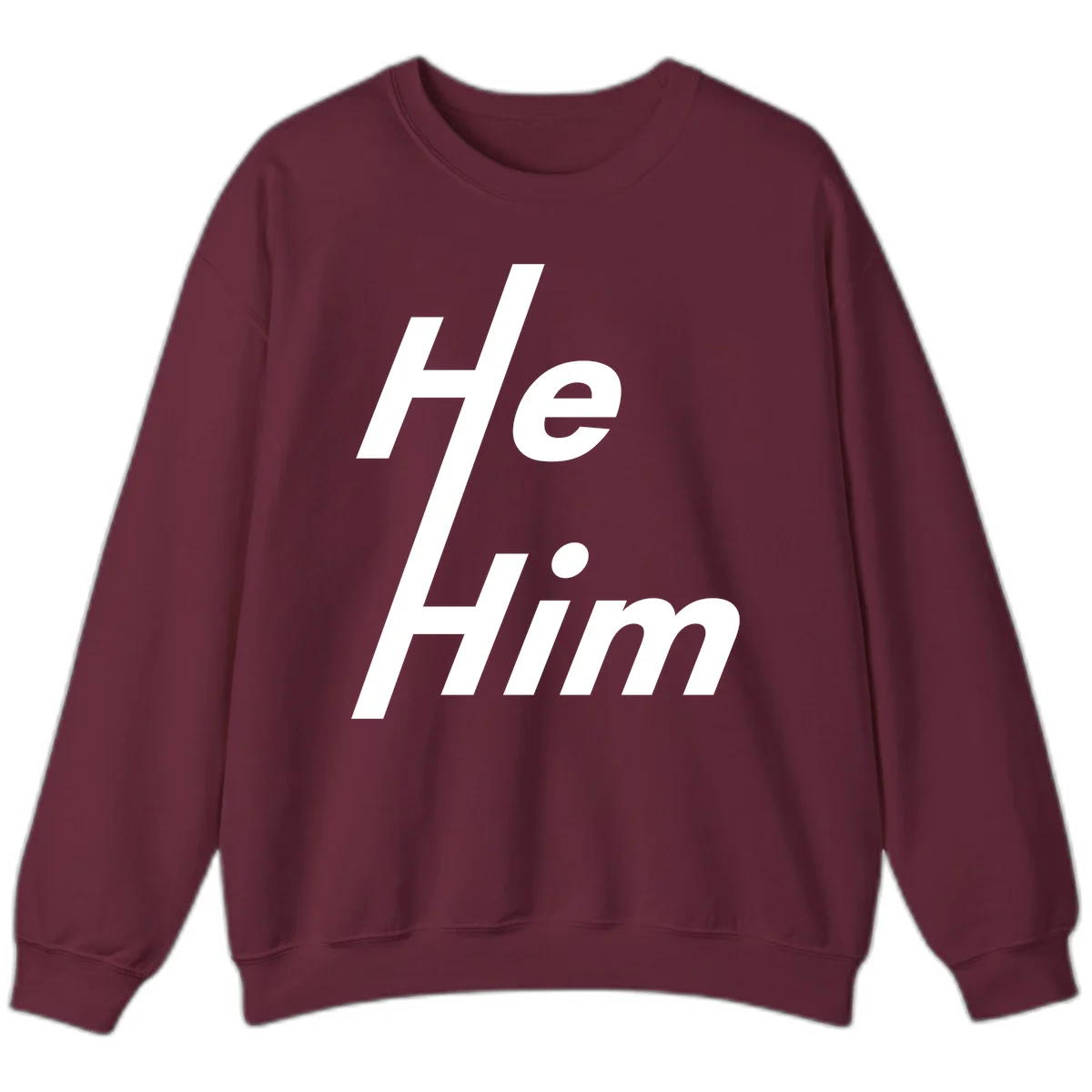 Minimalist design with hashtag symbol and 'e.Him' text in white on gray background, promoting he/him pronoun visibility and pride in Maroon