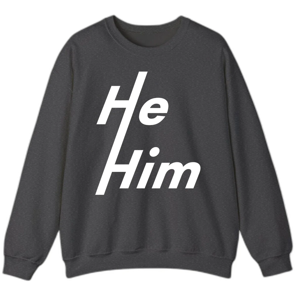 Minimalist design with hashtag symbol and 'e.Him' text in white on gray background, promoting he/him pronoun visibility and pride in Dark Heather