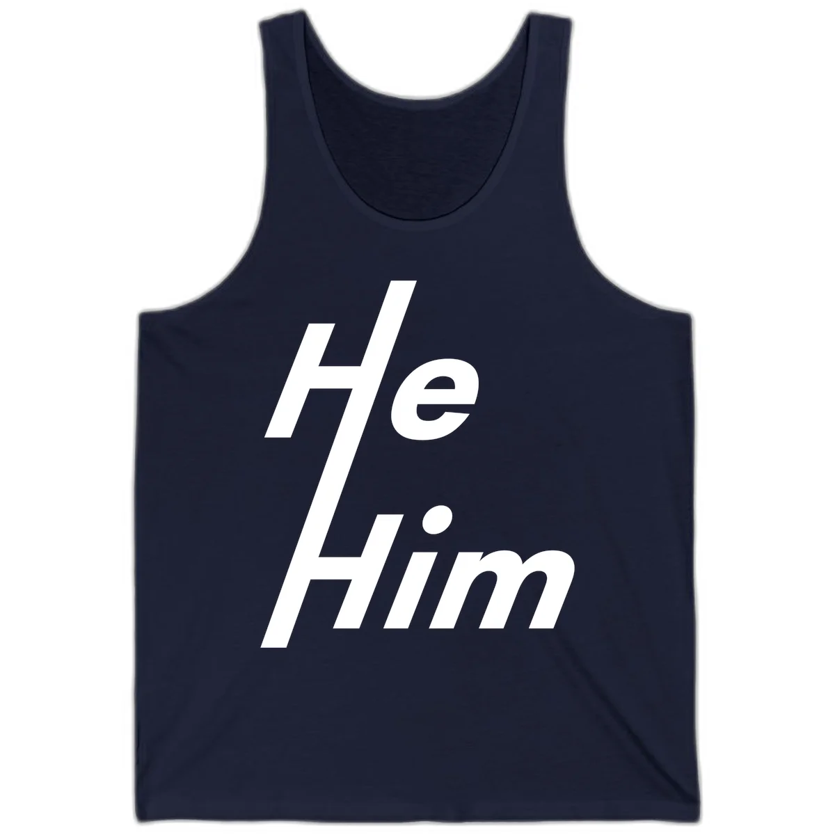 Minimalist design with hashtag symbol and 'e.Him' text in white on gray background, promoting he/him pronoun visibility and pride in Navy
