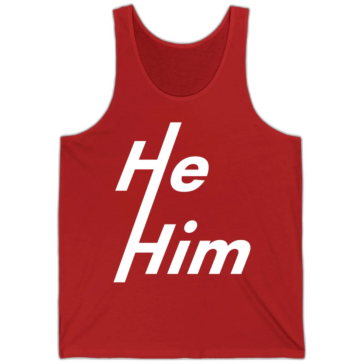 Minimalist design with hashtag symbol and 'e.Him' text in white on gray background, promoting he/him pronoun visibility and pride in Red