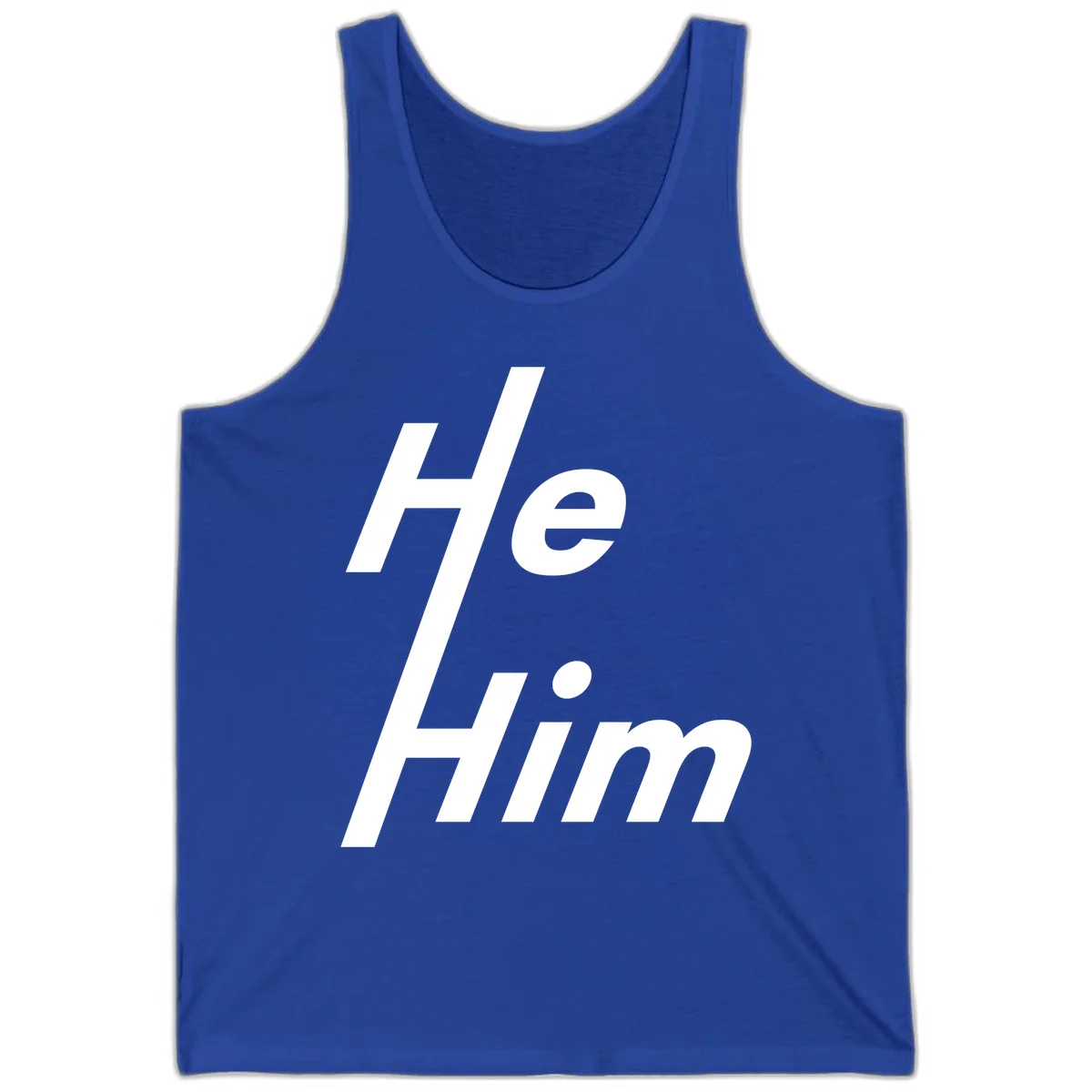 Minimalist design with hashtag symbol and 'e.Him' text in white on gray background, promoting he/him pronoun visibility and pride in True Royal