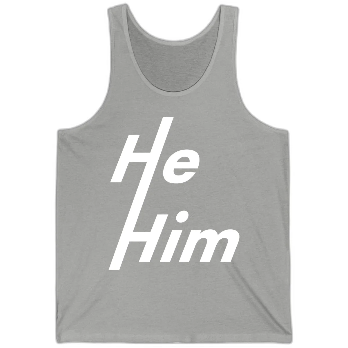 Minimalist design with hashtag symbol and 'e.Him' text in white on gray background, promoting he/him pronoun visibility and pride in Athletic Heather