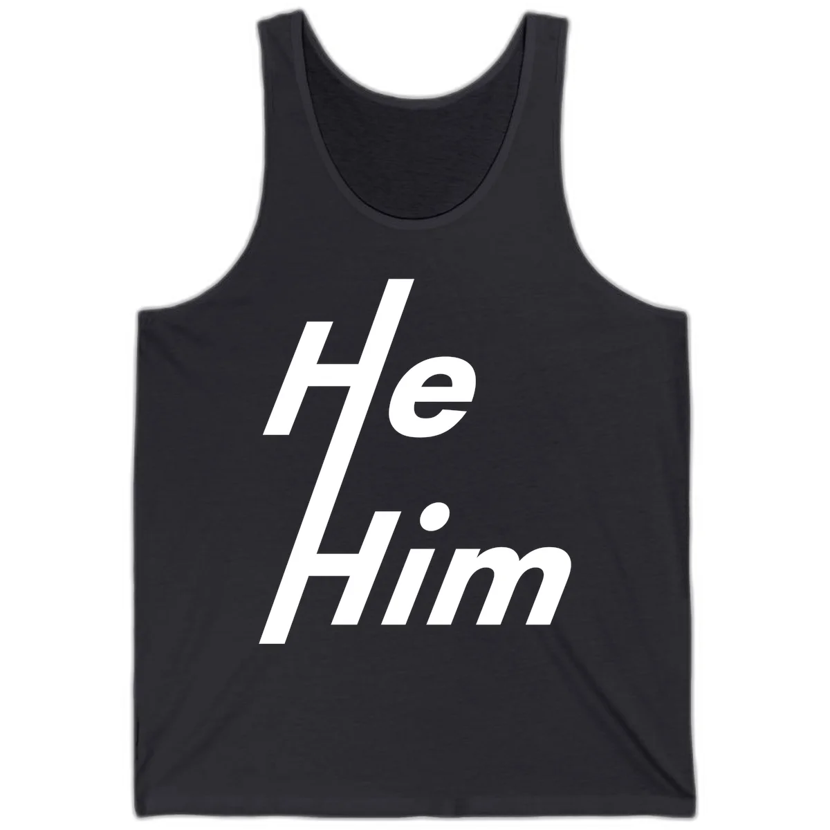 Minimalist design with hashtag symbol and 'e.Him' text in white on gray background, promoting he/him pronoun visibility and pride in Dark Grey