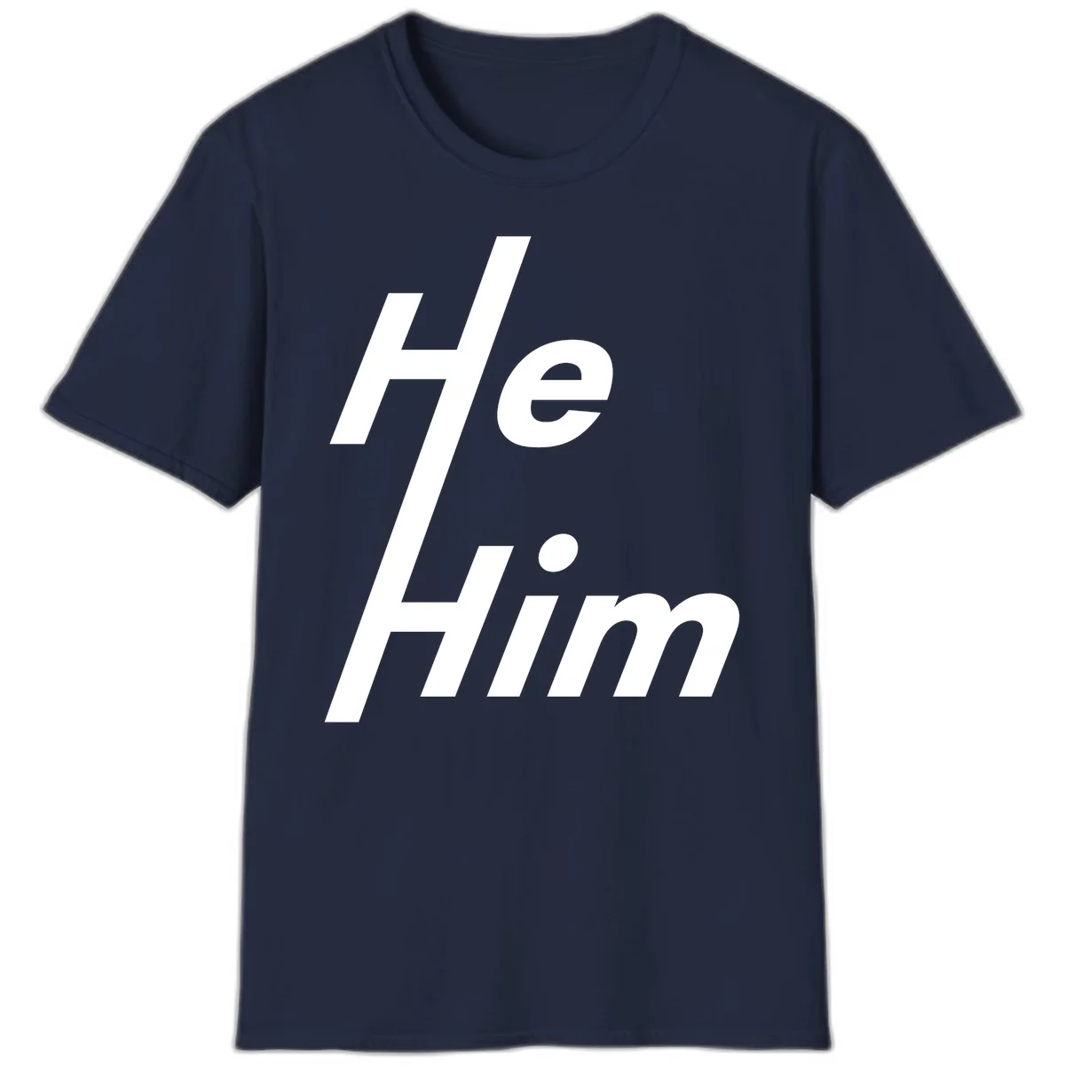 Minimalist design with hashtag symbol and 'e.Him' text in white on gray background, promoting he/him pronoun visibility and pride in Navy