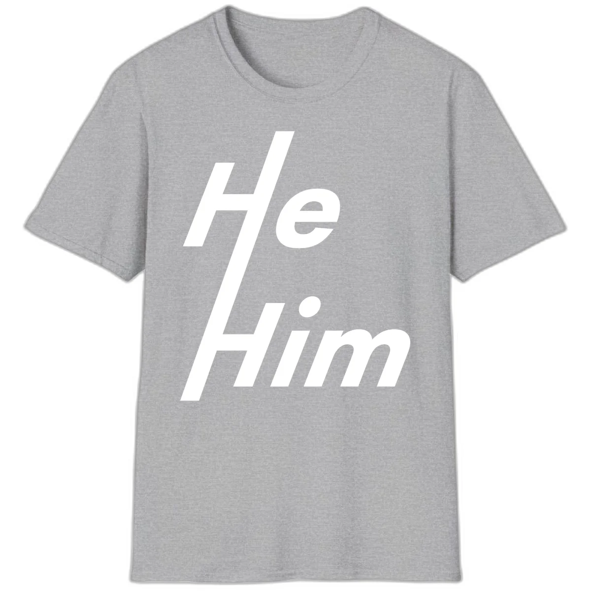 Minimalist design with hashtag symbol and 'e.Him' text in white on gray background, promoting he/him pronoun visibility and pride in Sport Grey