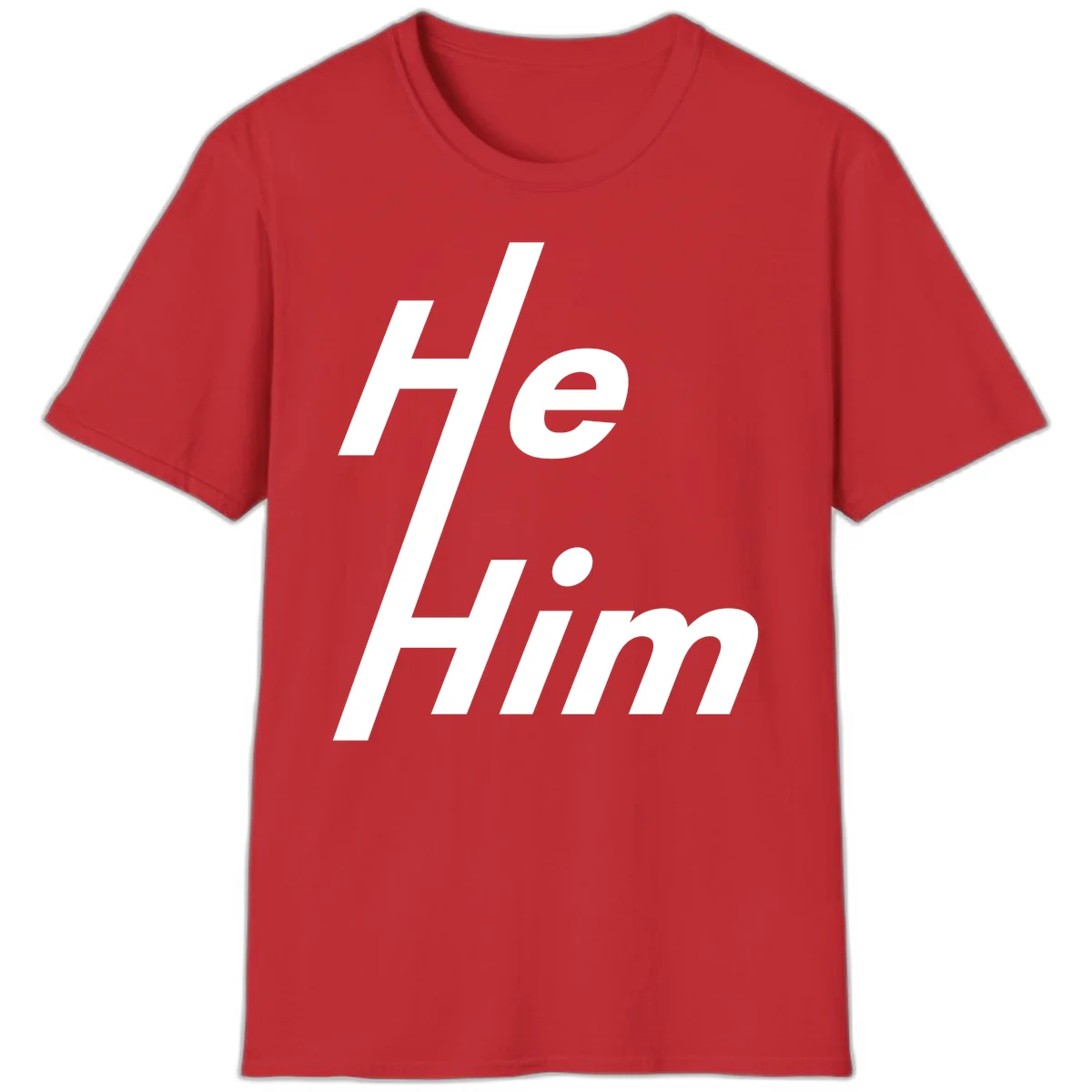 Minimalist design with hashtag symbol and 'e.Him' text in white on gray background, promoting he/him pronoun visibility and pride in Red