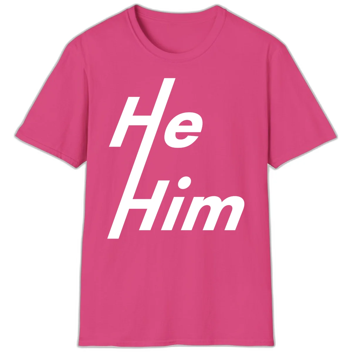 Minimalist design with hashtag symbol and 'e.Him' text in white on gray background, promoting he/him pronoun visibility and pride in Heliconia