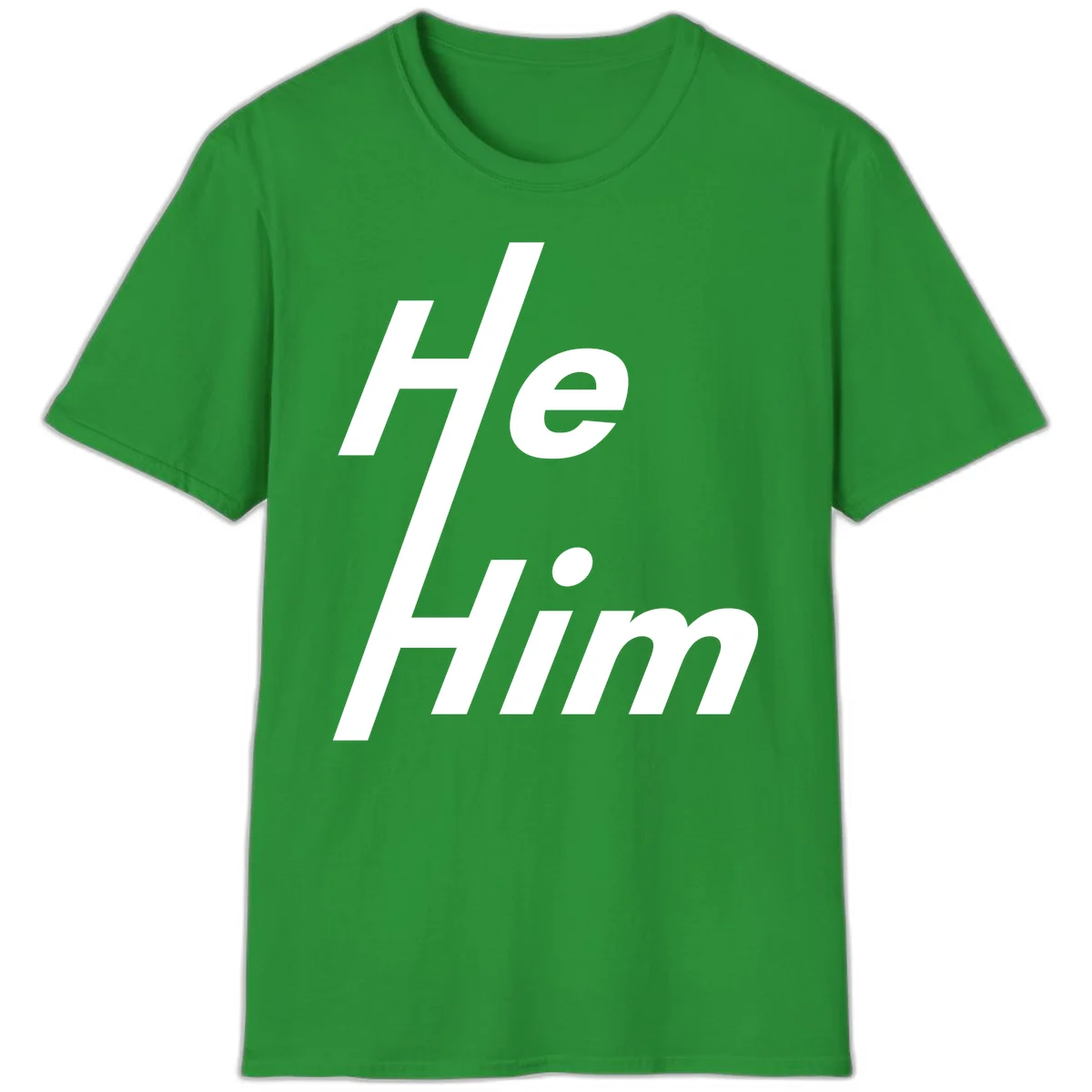 Minimalist design with hashtag symbol and 'e.Him' text in white on gray background, promoting he/him pronoun visibility and pride in Irish Green