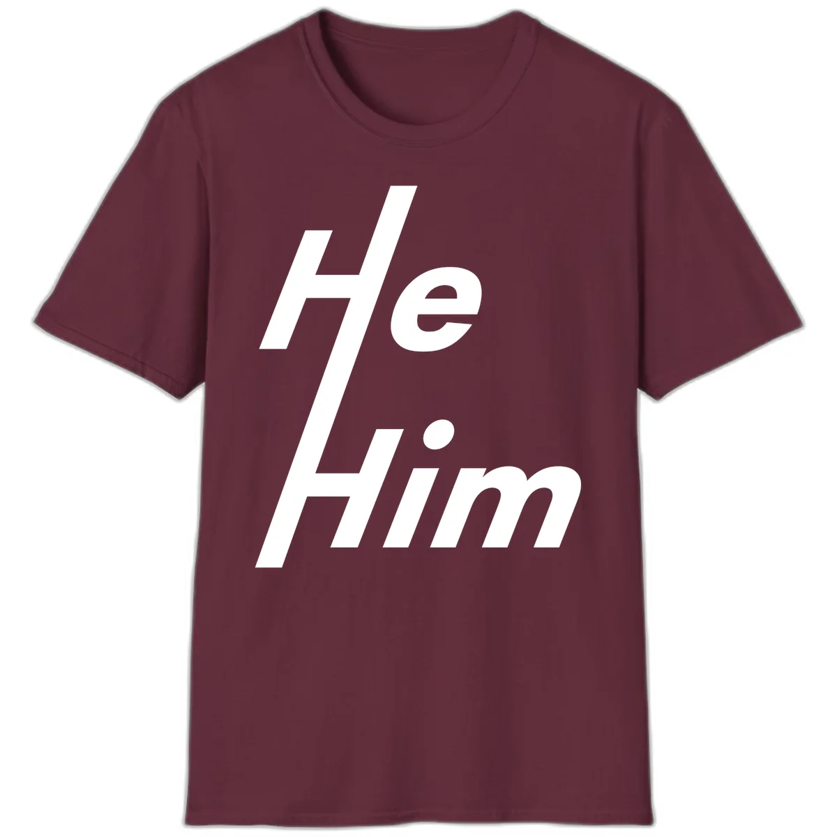 Minimalist design with hashtag symbol and 'e.Him' text in white on gray background, promoting he/him pronoun visibility and pride in Maroon