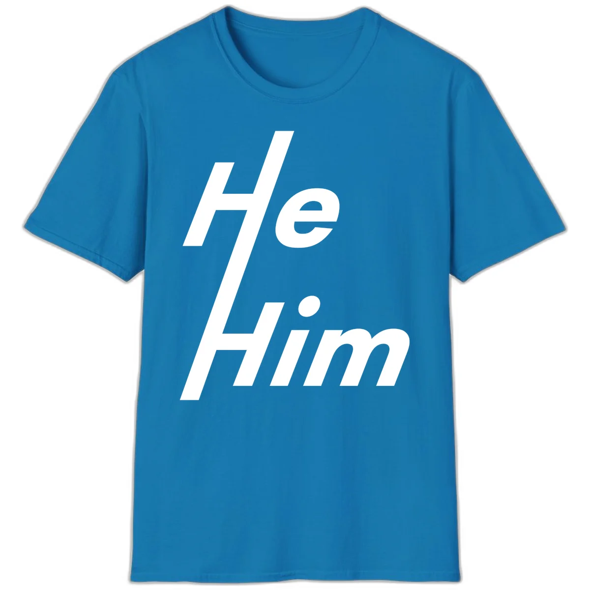 Minimalist design with hashtag symbol and 'e.Him' text in white on gray background, promoting he/him pronoun visibility and pride in Sapphire