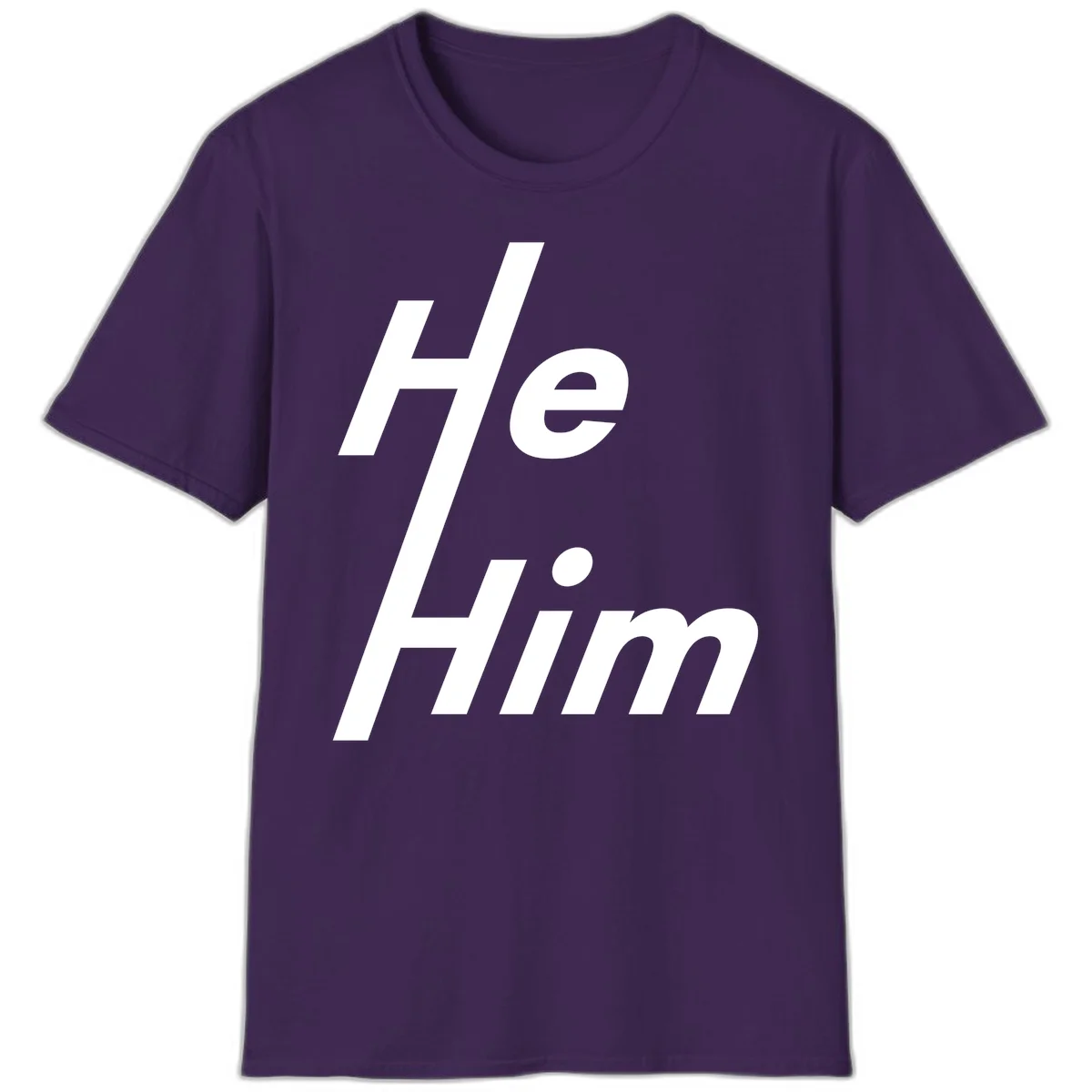 Minimalist design with hashtag symbol and 'e.Him' text in white on gray background, promoting he/him pronoun visibility and pride in Purple