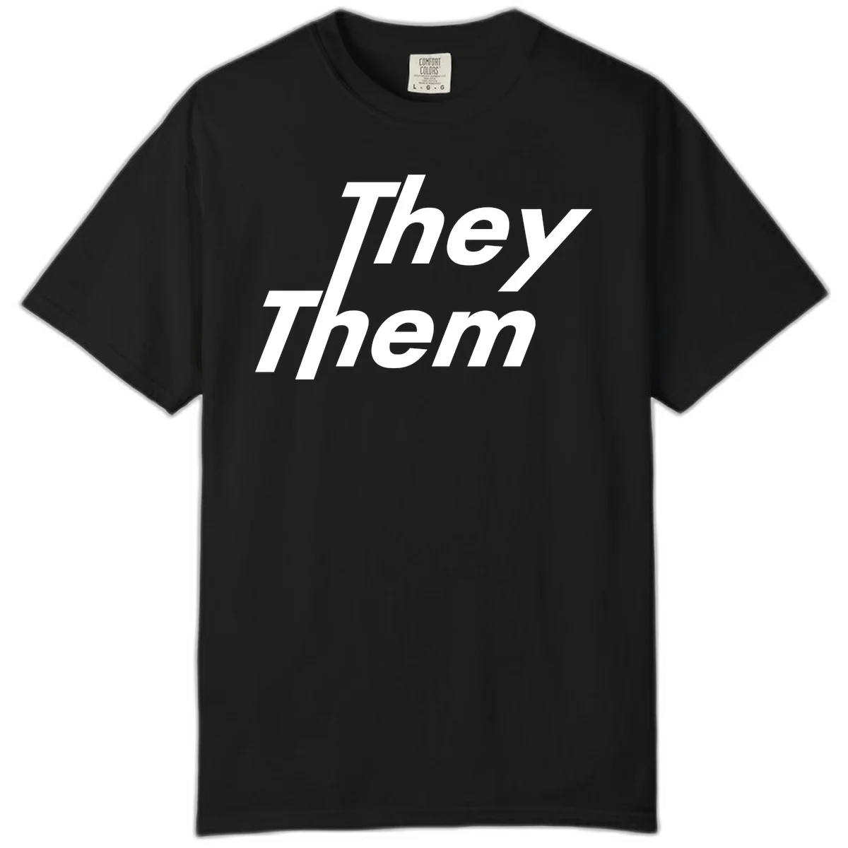 White italicized text reading 'they them' stacked vertically on gray background, pronoun pride design in Black