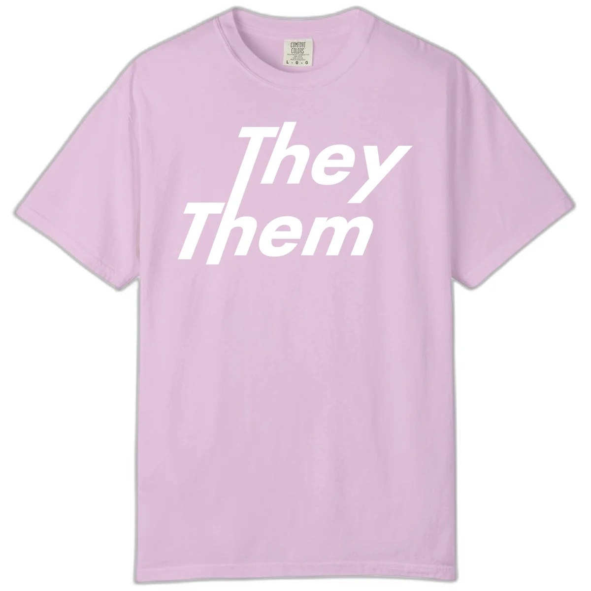 White italicized text reading 'they them' stacked vertically on gray background, pronoun pride design in Orchid