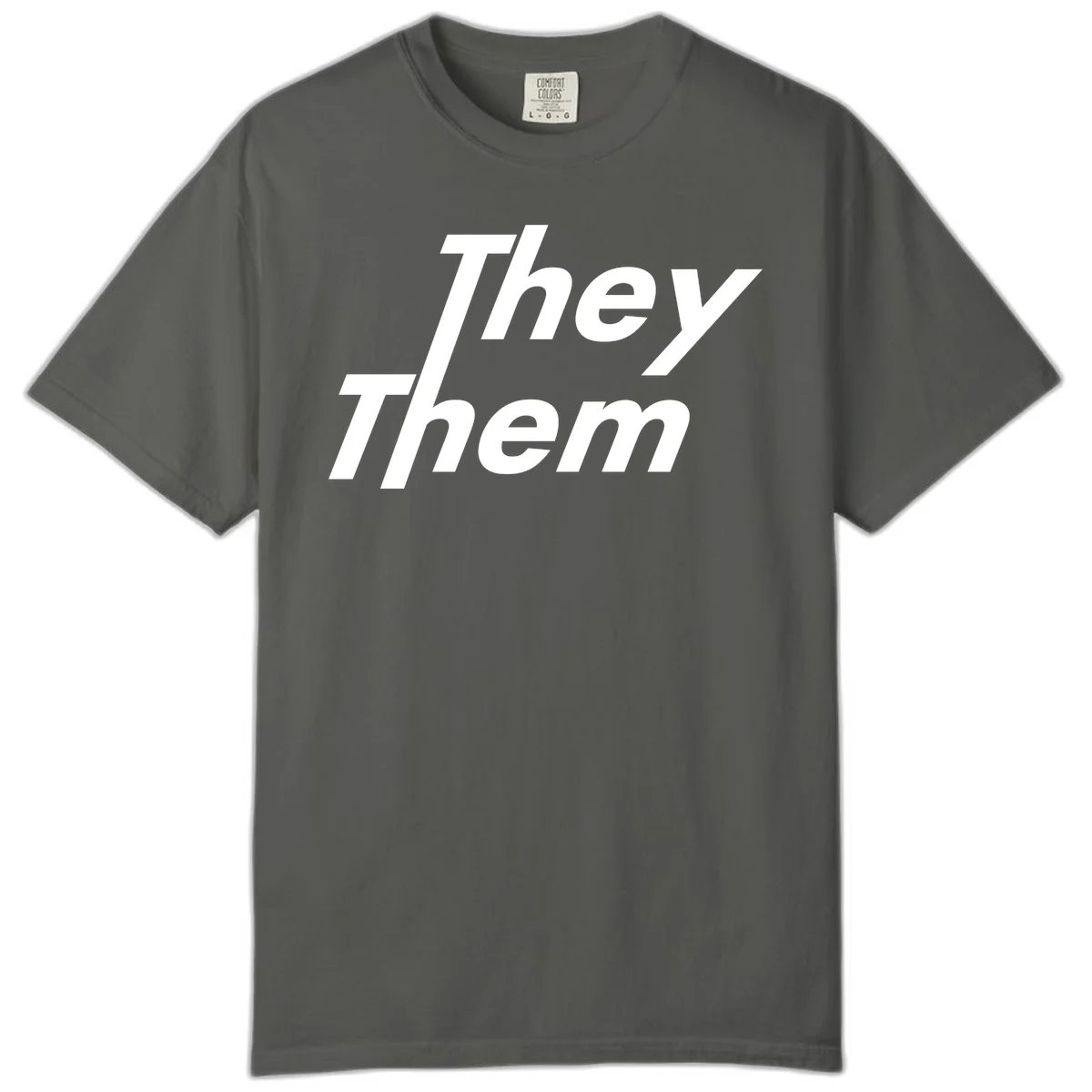 White italicized text reading 'they them' stacked vertically on gray background, pronoun pride design in Pepper
