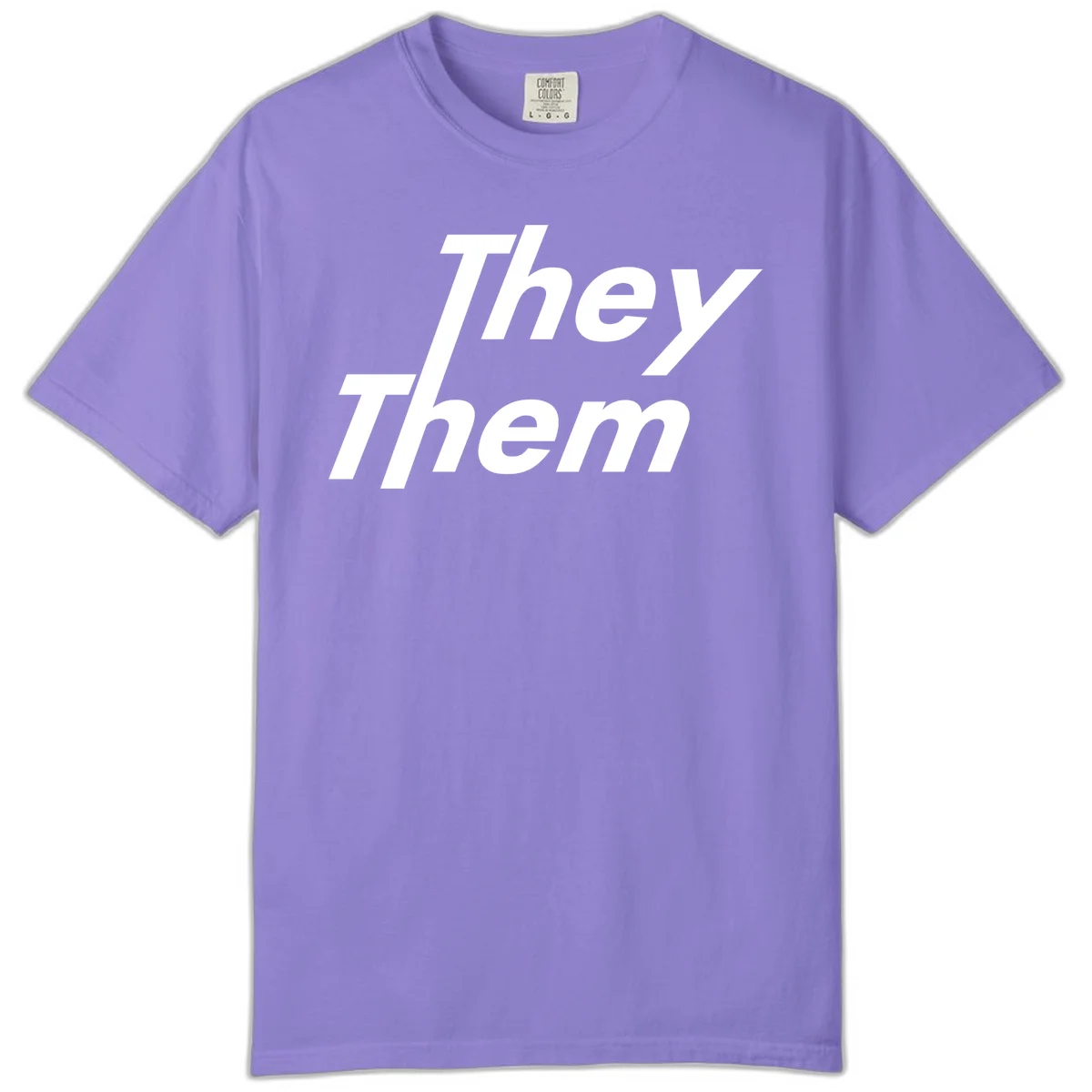 White italicized text reading 'they them' stacked vertically on gray background, pronoun pride design in Violet