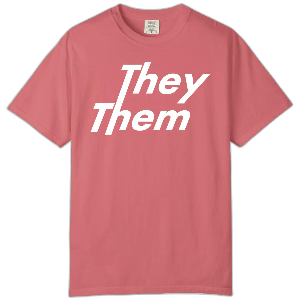 White italicized text reading 'they them' stacked vertically on gray background, pronoun pride design in Watermelon