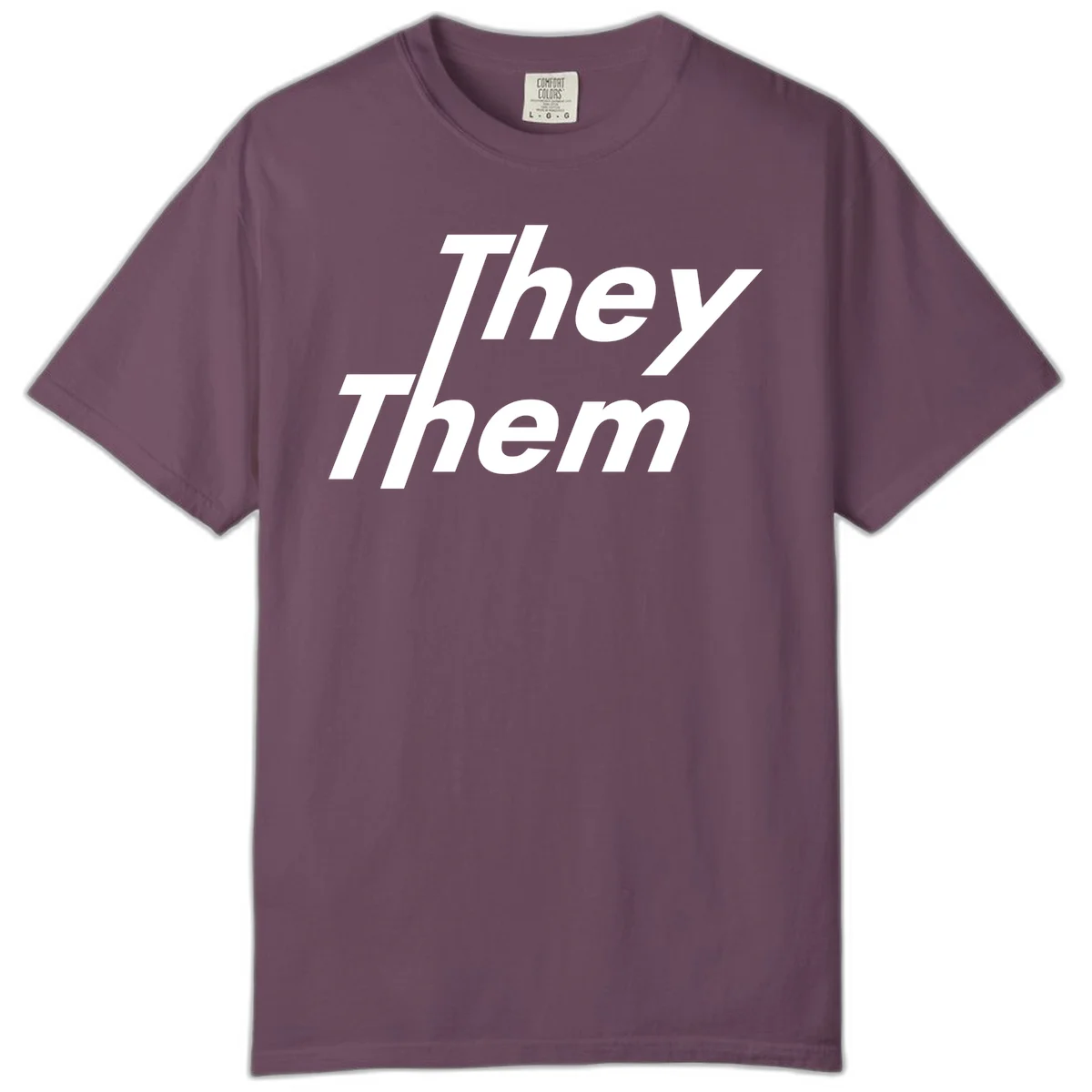 White italicized text reading 'they them' stacked vertically on gray background, pronoun pride design in Berry