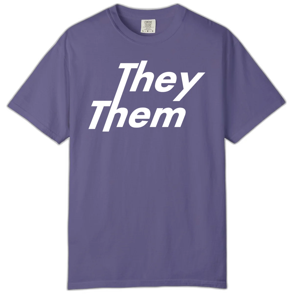 White italicized text reading 'they them' stacked vertically on gray background, pronoun pride design in Grape