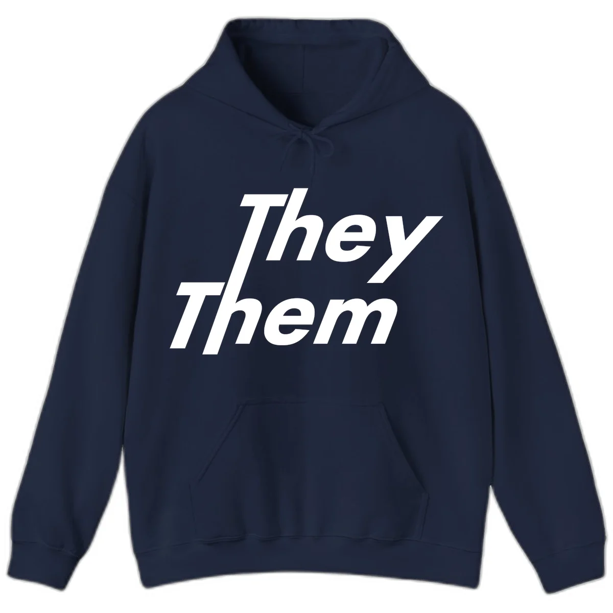 White italicized text reading 'they them' stacked vertically on gray background, pronoun pride design in Navy