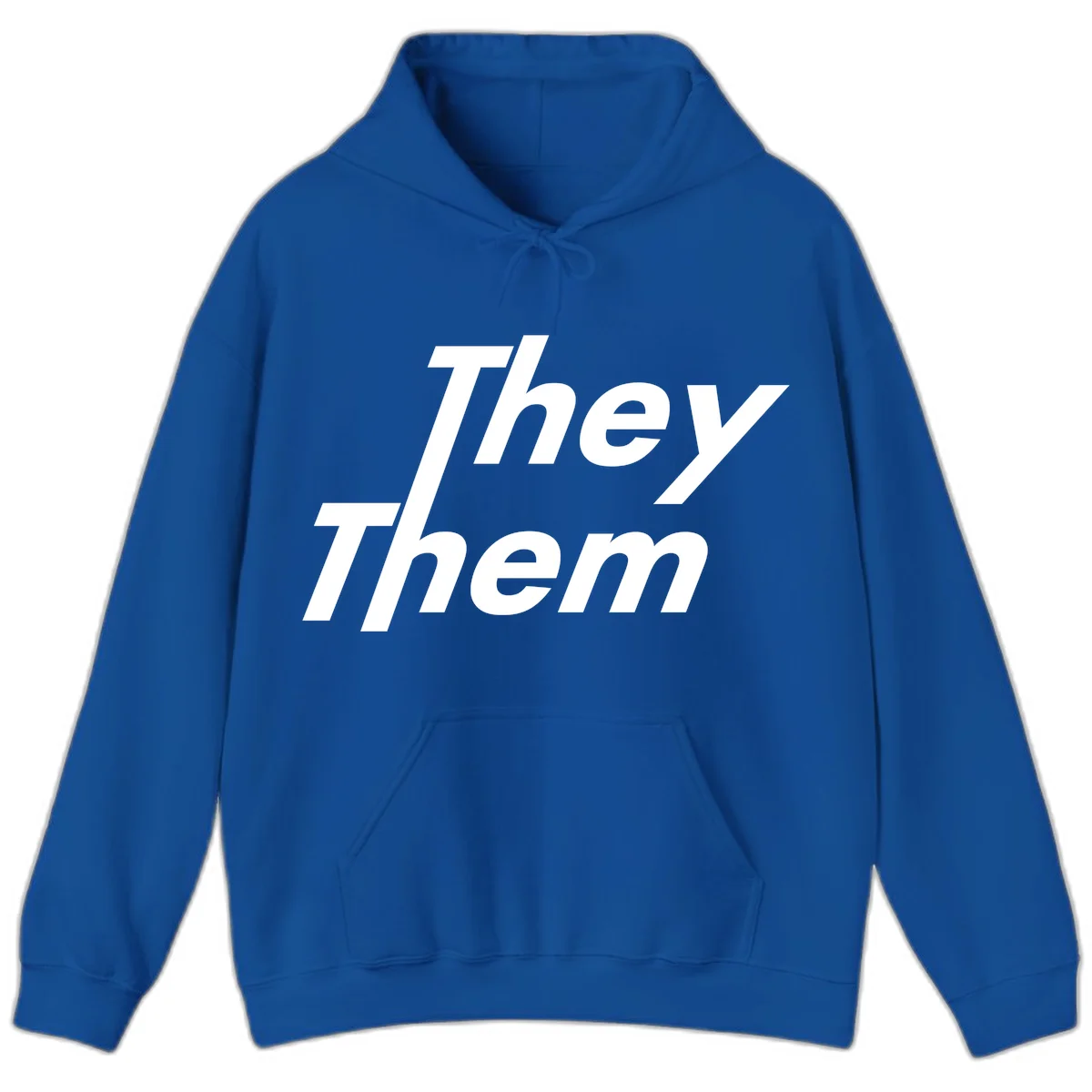 White italicized text reading 'they them' stacked vertically on gray background, pronoun pride design in Royal