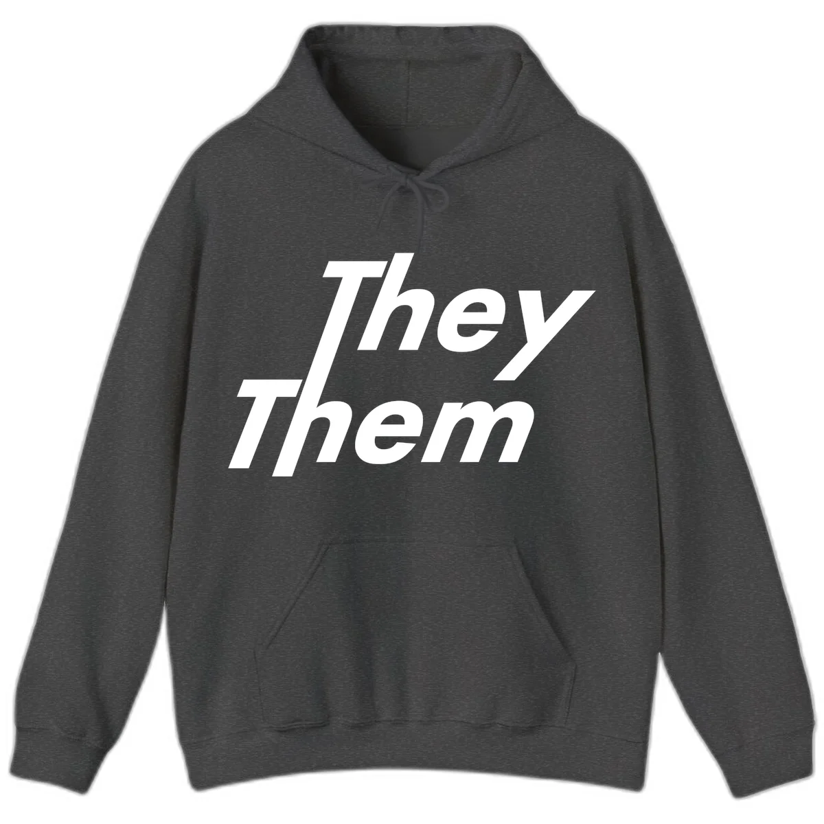 White italicized text reading 'they them' stacked vertically on gray background, pronoun pride design in Dark Heather