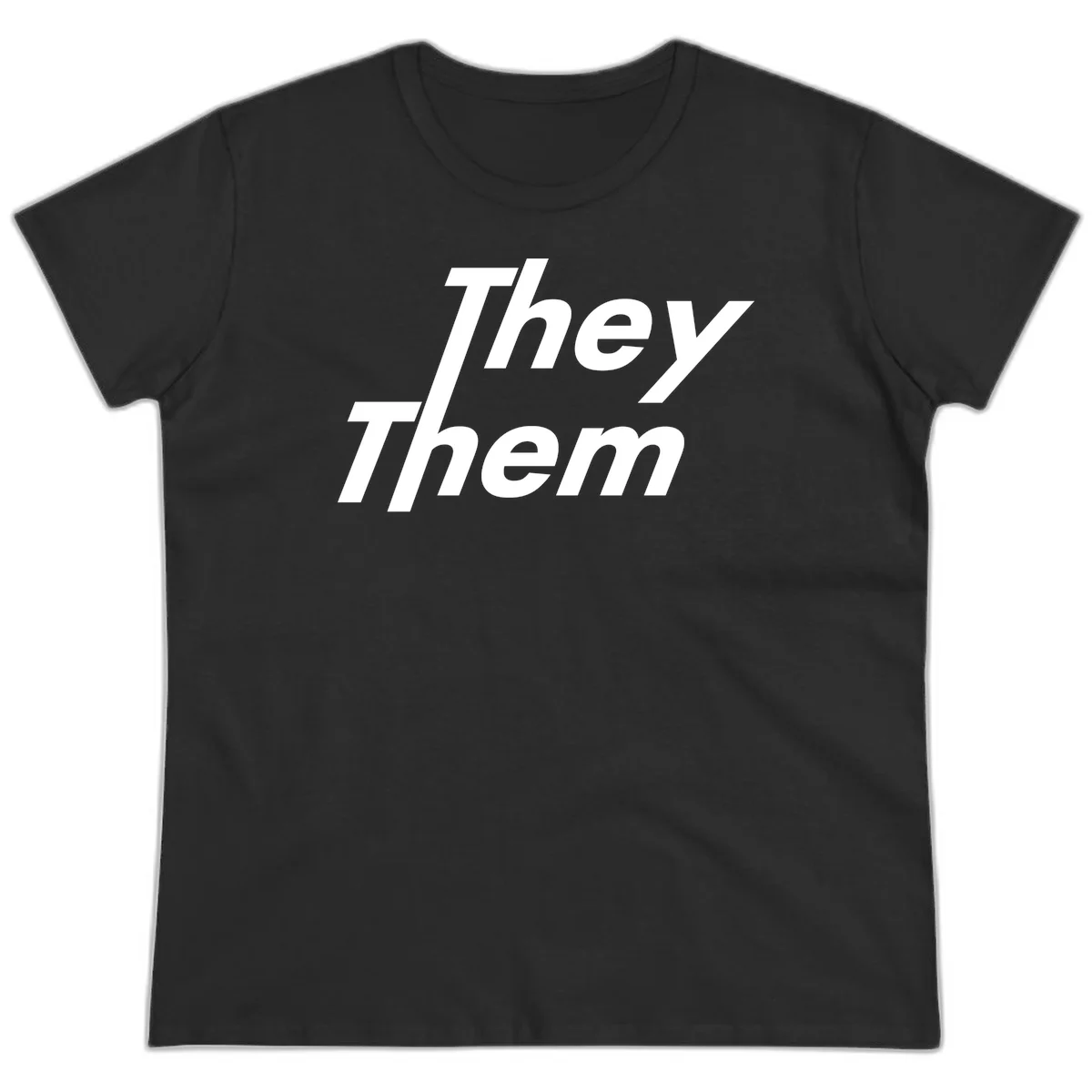 White italicized text reading 'they them' stacked vertically on gray background, pronoun pride design in Black