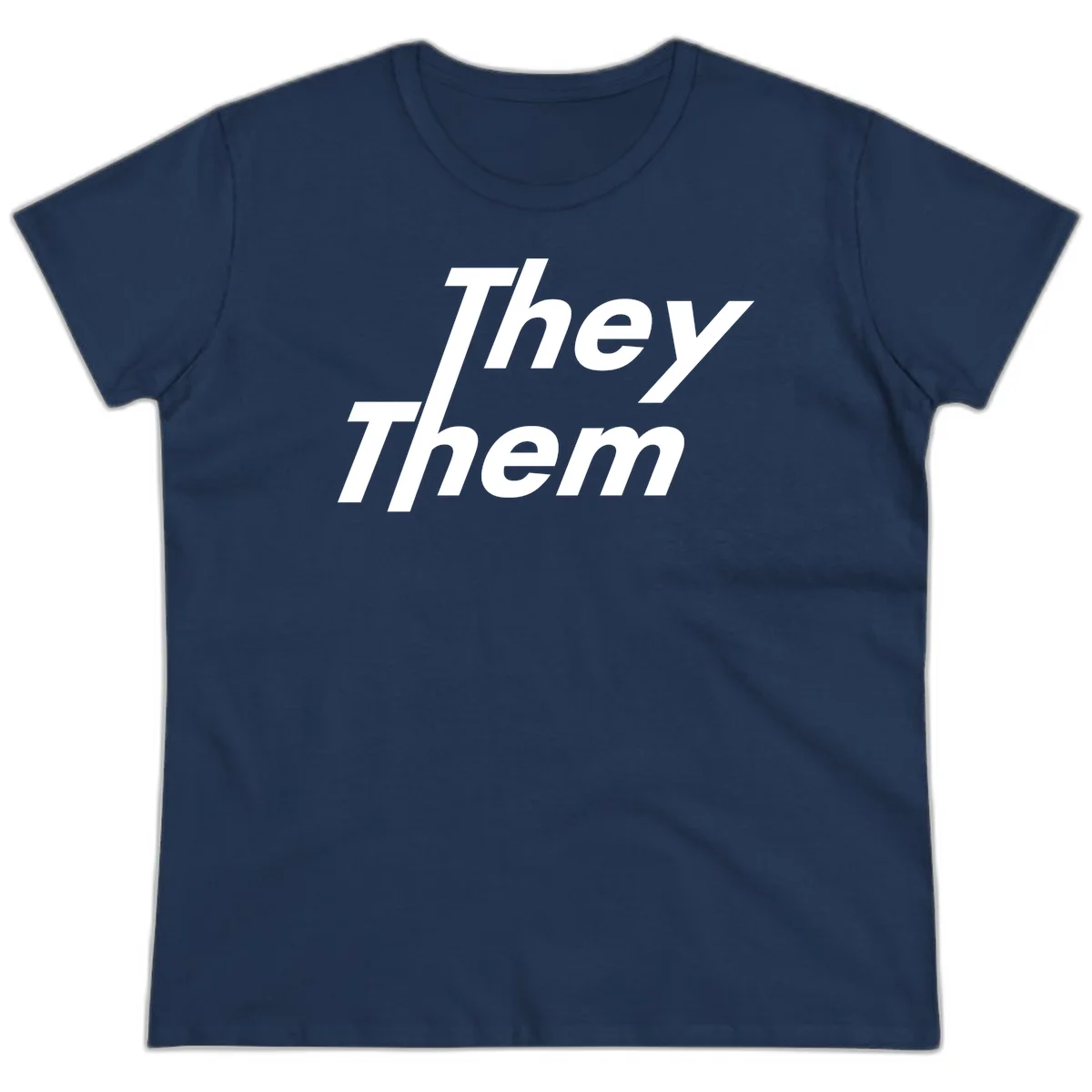 White italicized text reading 'they them' stacked vertically on gray background, pronoun pride design in Navy