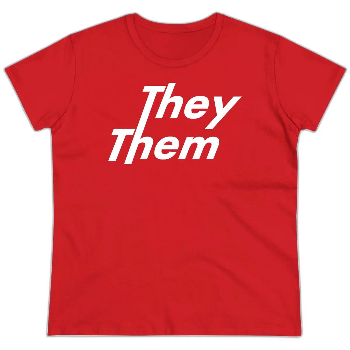 White italicized text reading 'they them' stacked vertically on gray background, pronoun pride design in Red