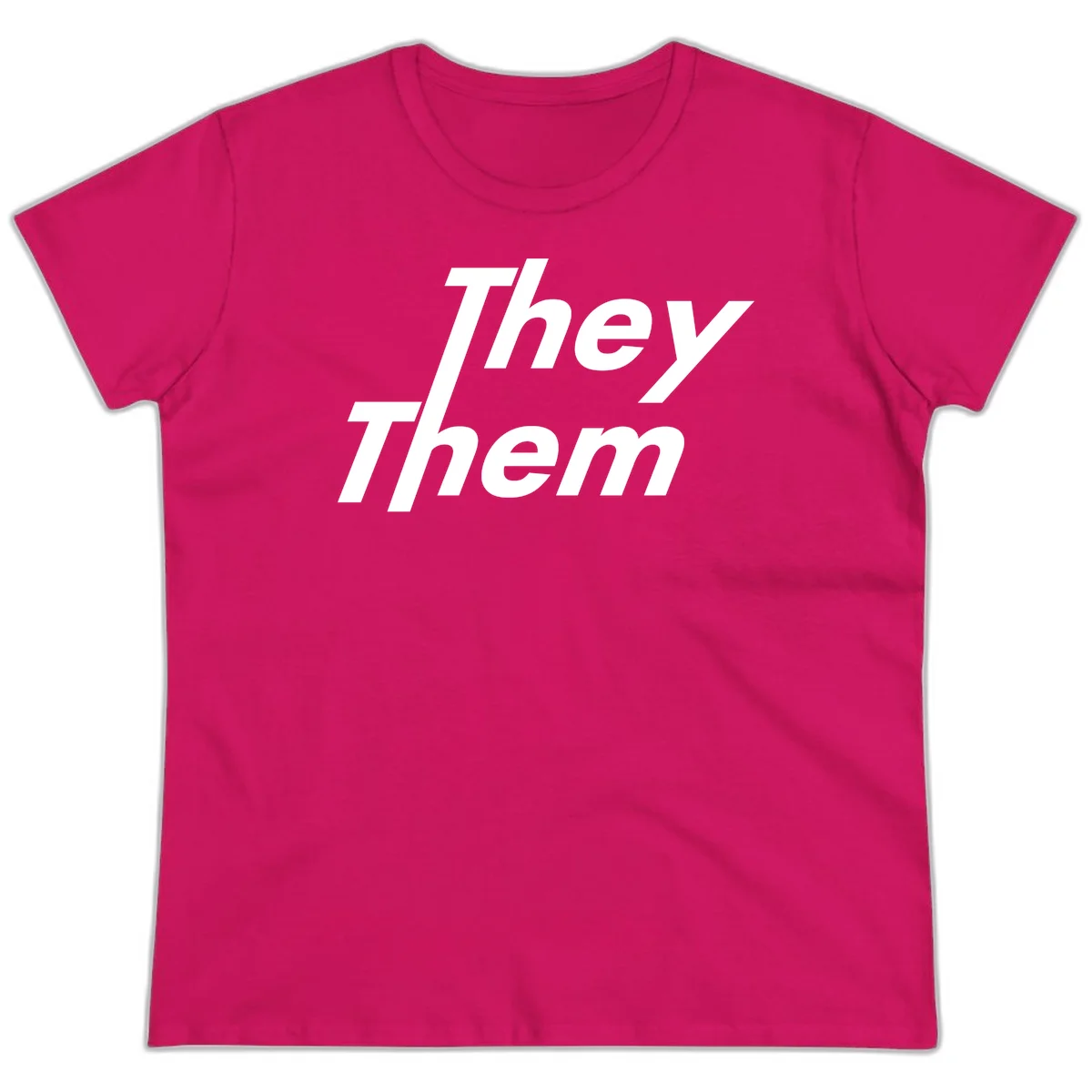 White italicized text reading 'they them' stacked vertically on gray background, pronoun pride design in Heliconia