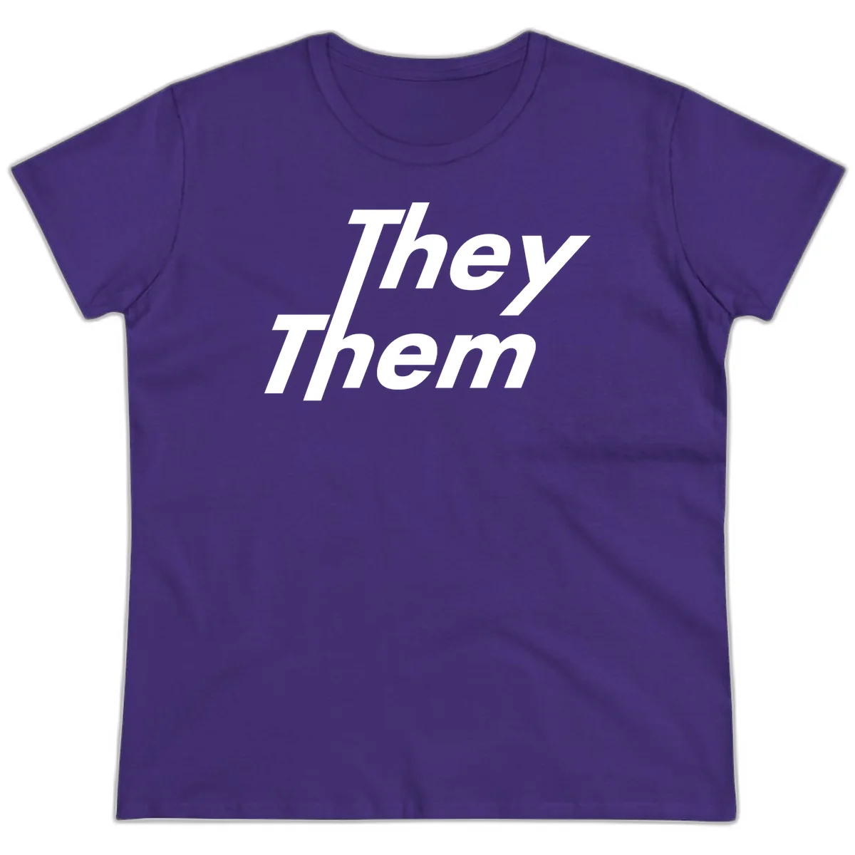 White italicized text reading 'they them' stacked vertically on gray background, pronoun pride design in Purple