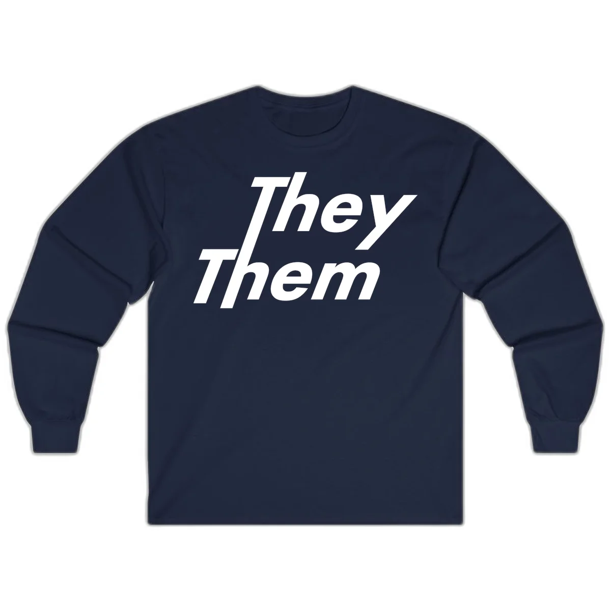 White italicized text reading 'they them' stacked vertically on gray background, pronoun pride design in Navy