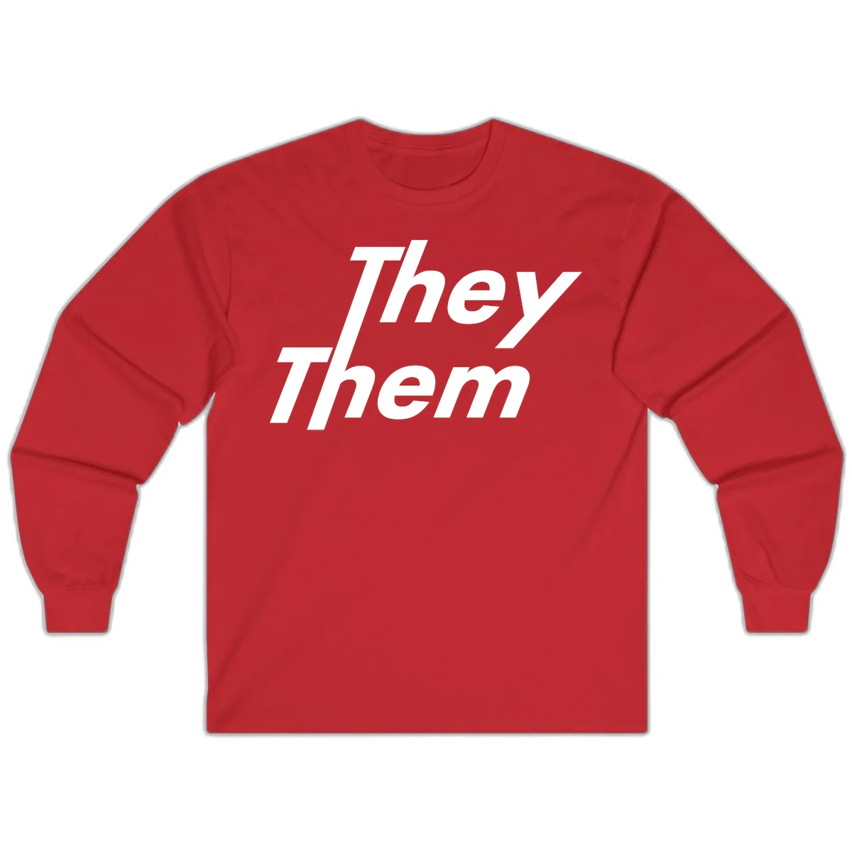 White italicized text reading 'they them' stacked vertically on gray background, pronoun pride design in Red