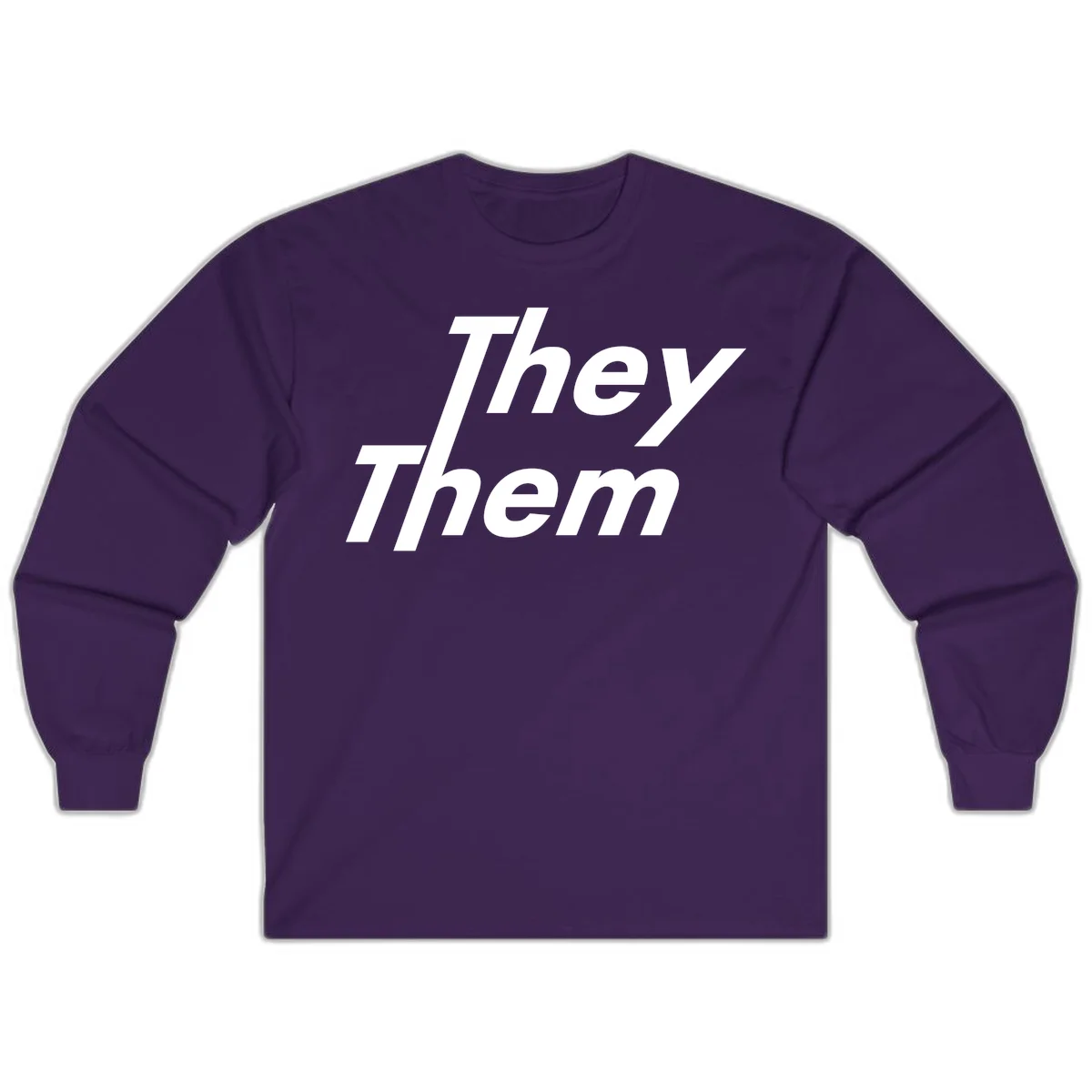 White italicized text reading 'they them' stacked vertically on gray background, pronoun pride design in Purple